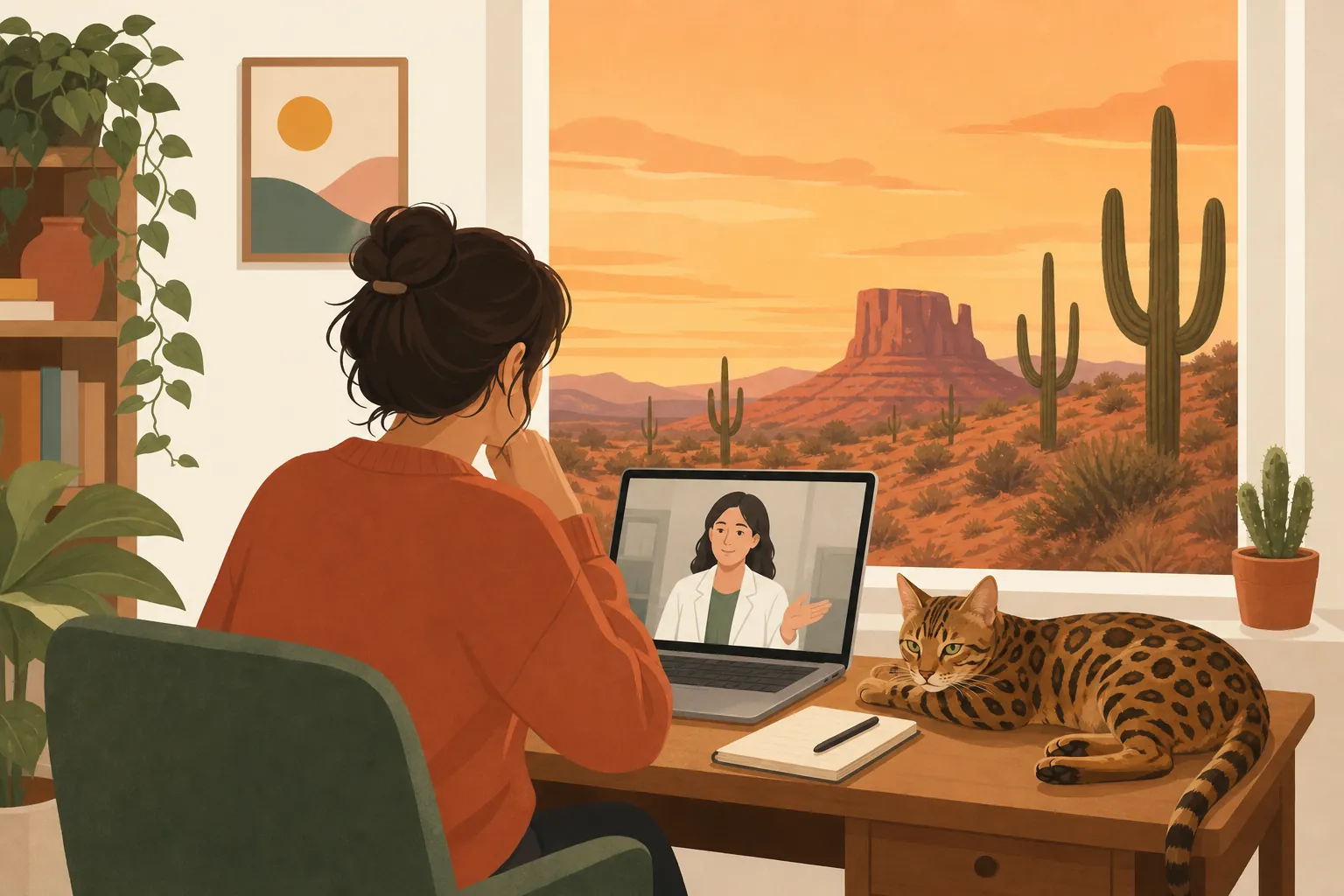 Illustration of a renter on a video consultation with a clinician, a cat asleep on the desk