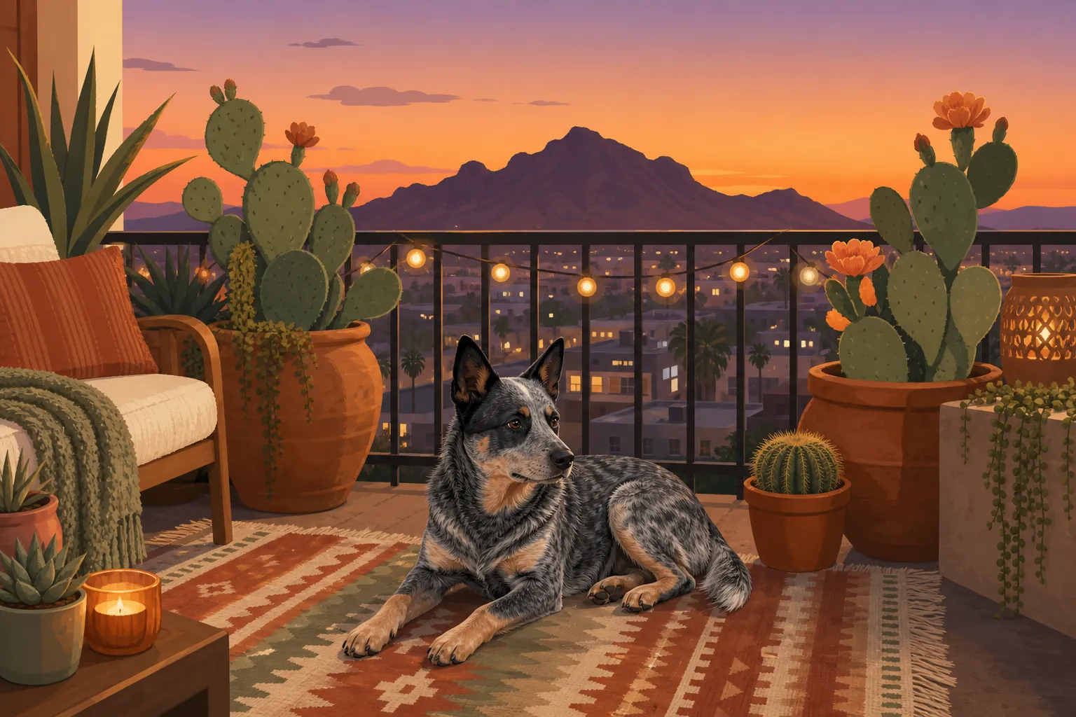 Illustrated Arizona apartment balcony with a cat on the rail
