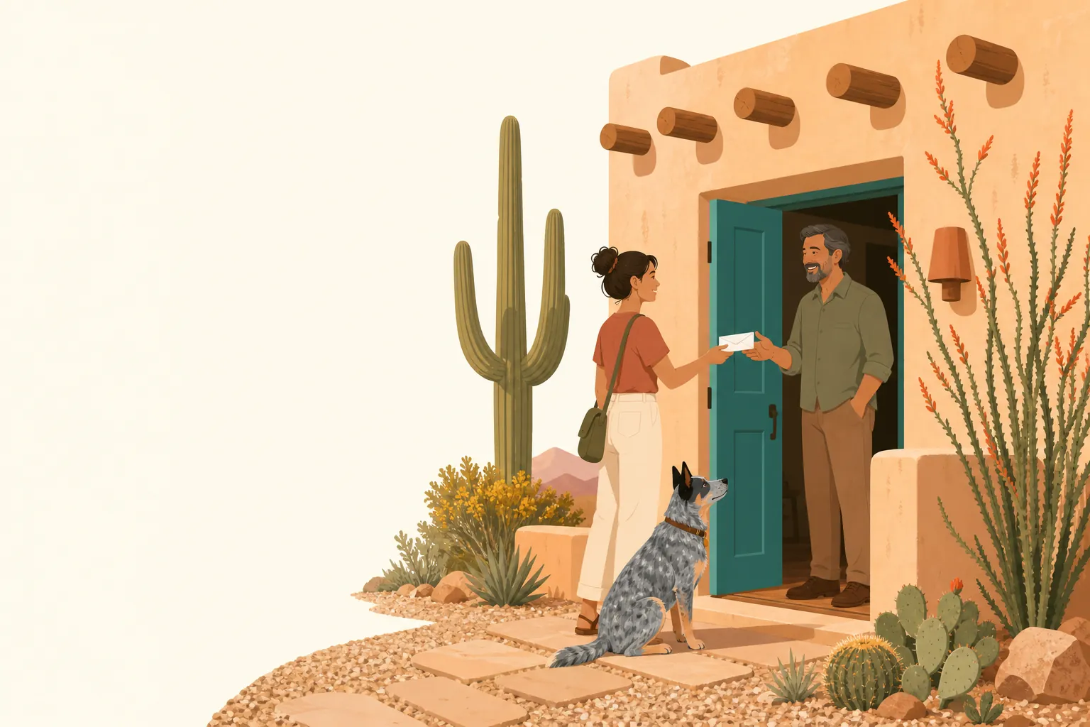 Illustration of a renter handing a letter to a landlord at the door of a Arizona home, a small dog at their feet