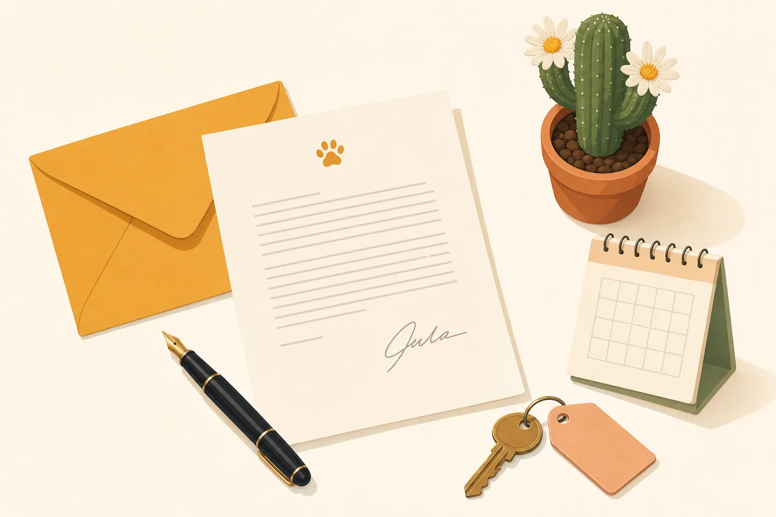 Illustration of a signed letter on letterhead with an envelope, a pen, a key and a calendar