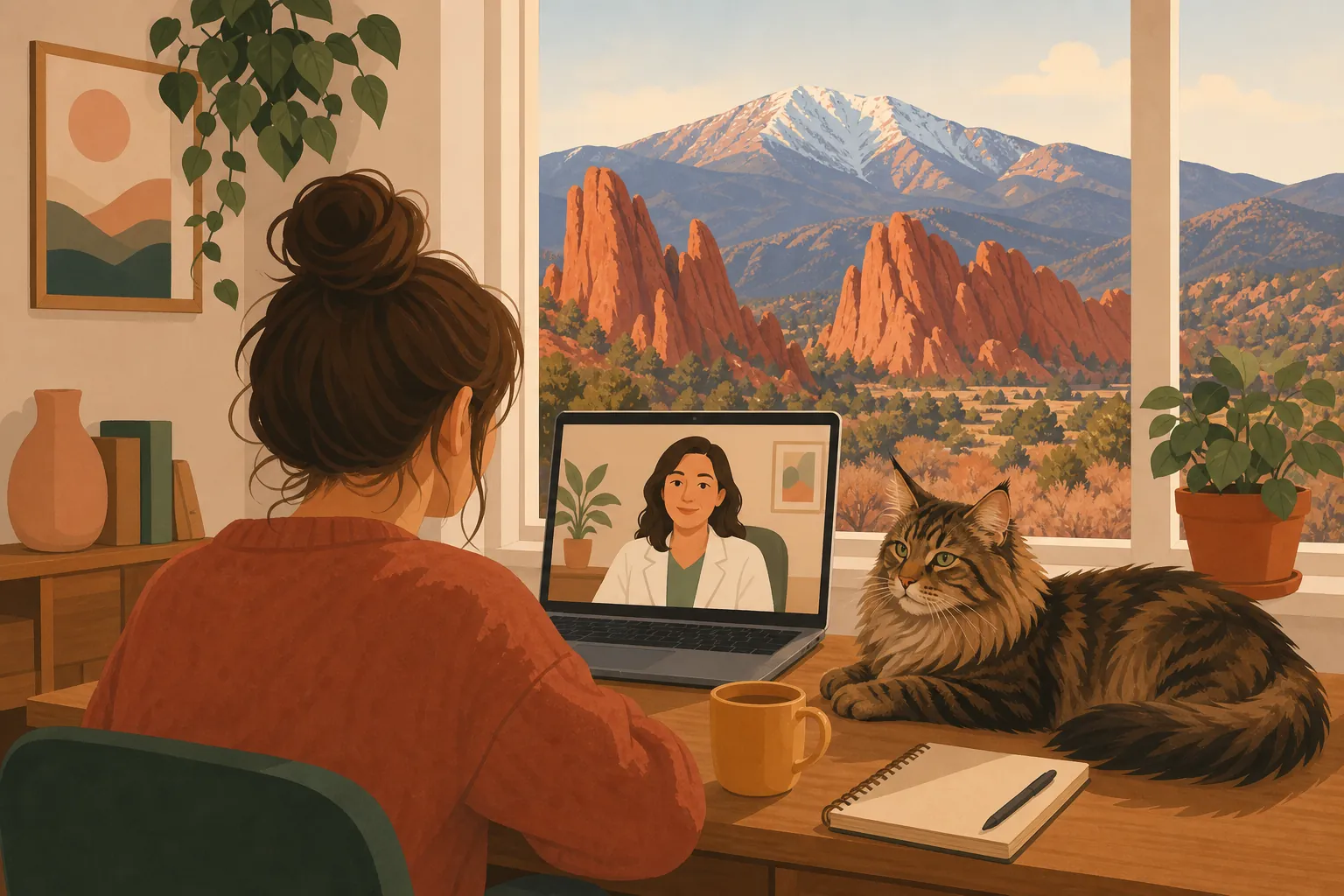 Illustration of a renter on a video consultation with a clinician, a cat asleep on the desk