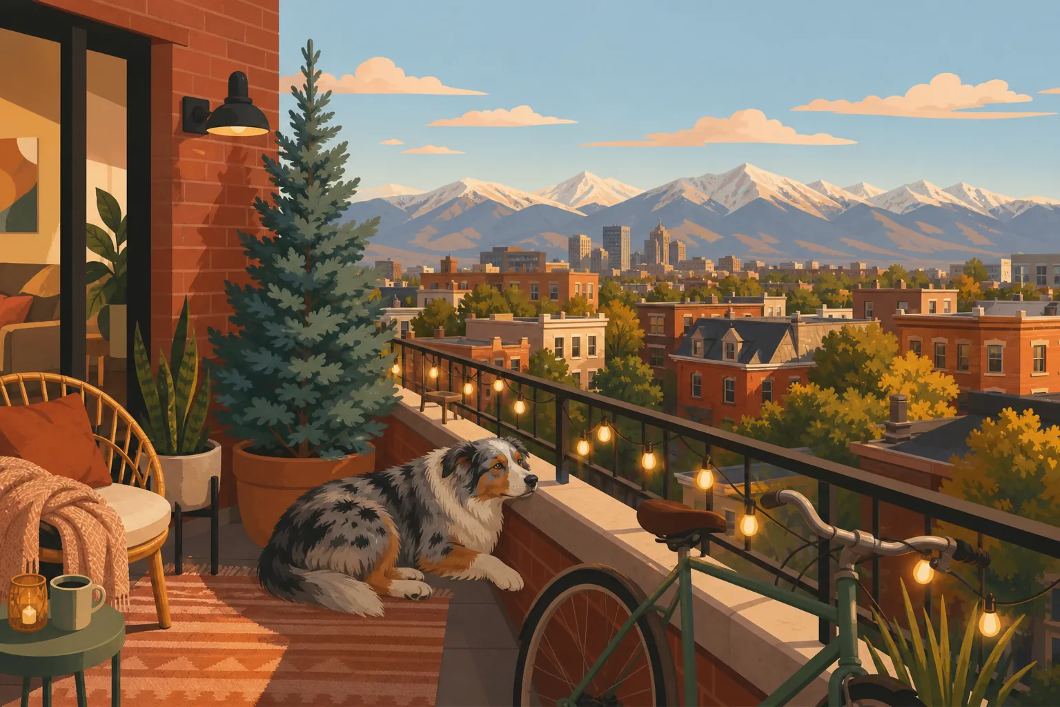 Illustrated Colorado apartment balcony with a cat on the rail