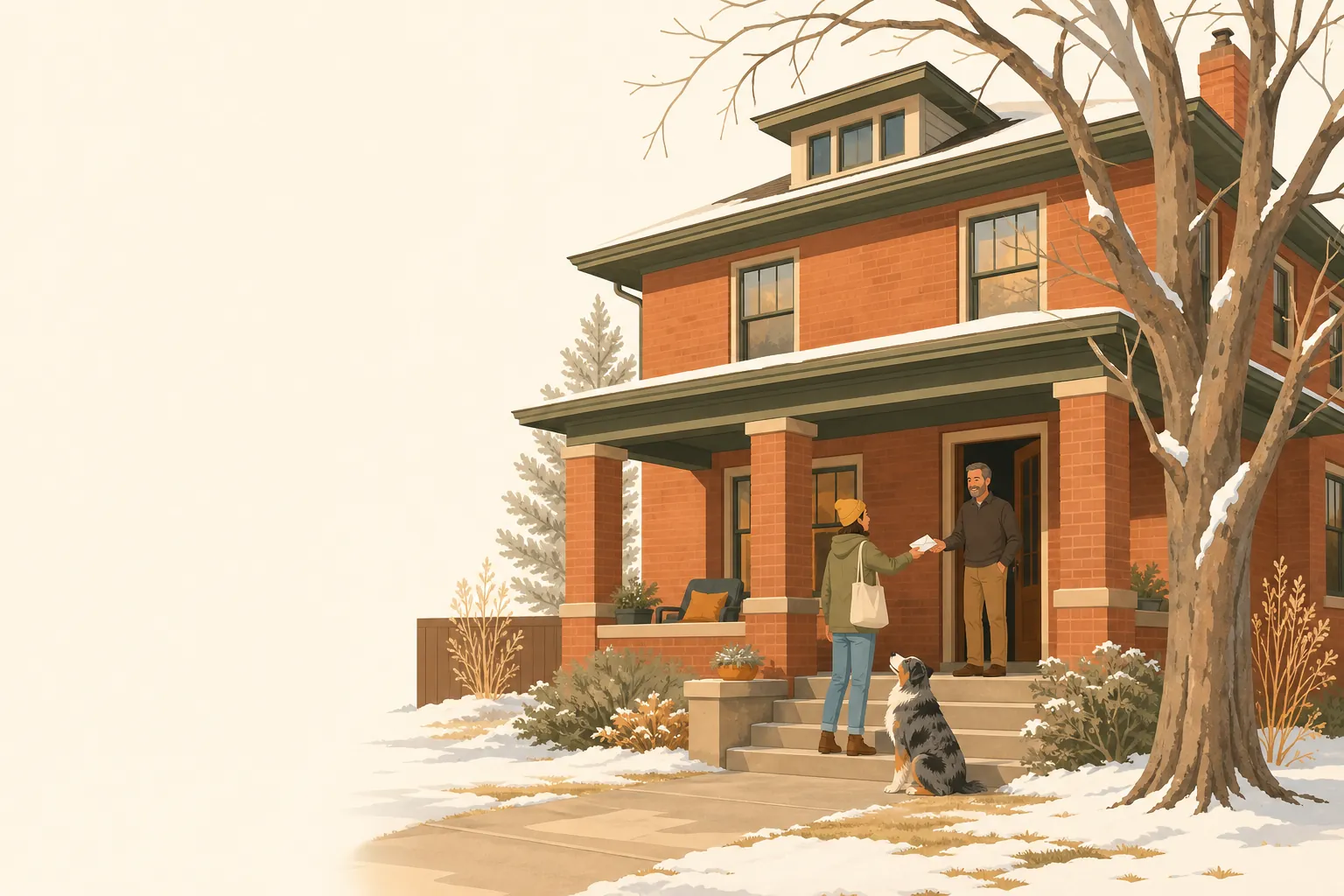 Illustration of a renter handing a letter to a landlord at the door of a Colorado home, a small dog at their feet