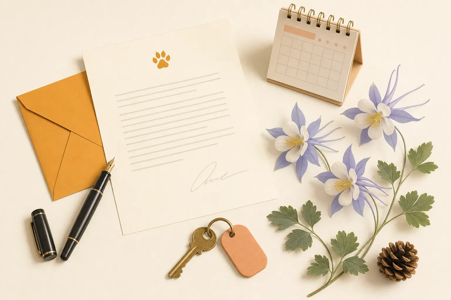 Illustration of a signed letter on letterhead with an envelope, a pen, a key and a calendar