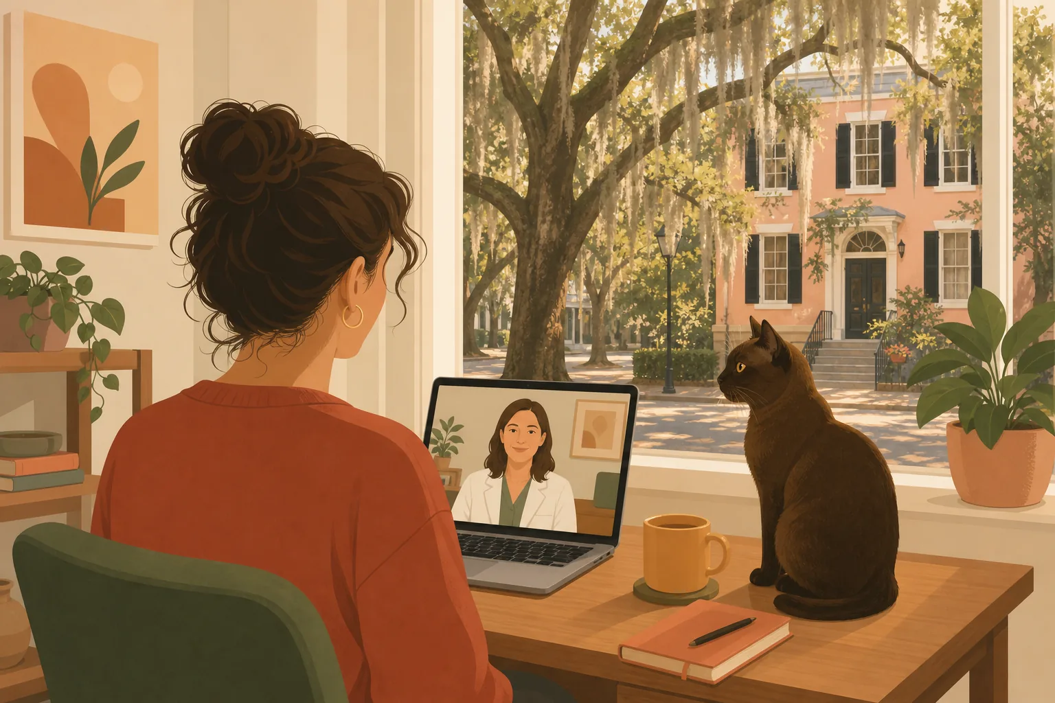 Illustration of a renter on a video consultation with a clinician, a cat asleep on the desk
