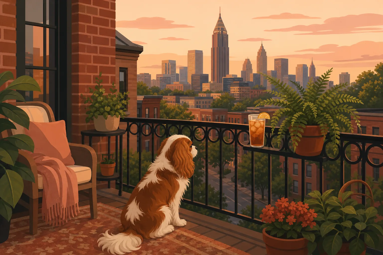 Illustrated Georgia apartment balcony with a cat on the rail