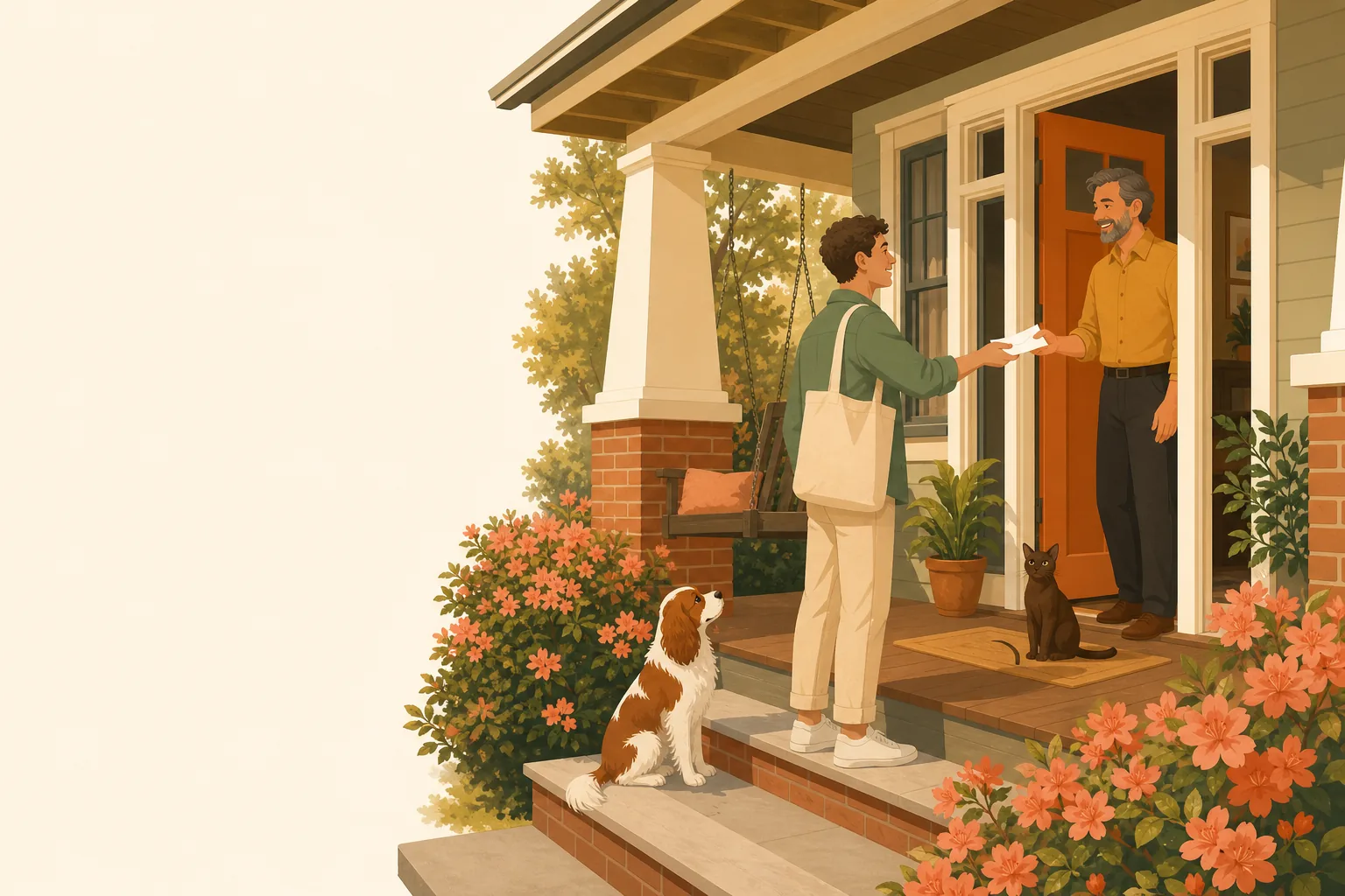 Illustration of a renter handing a letter to a landlord at the door of a Georgia home, a small dog at their feet