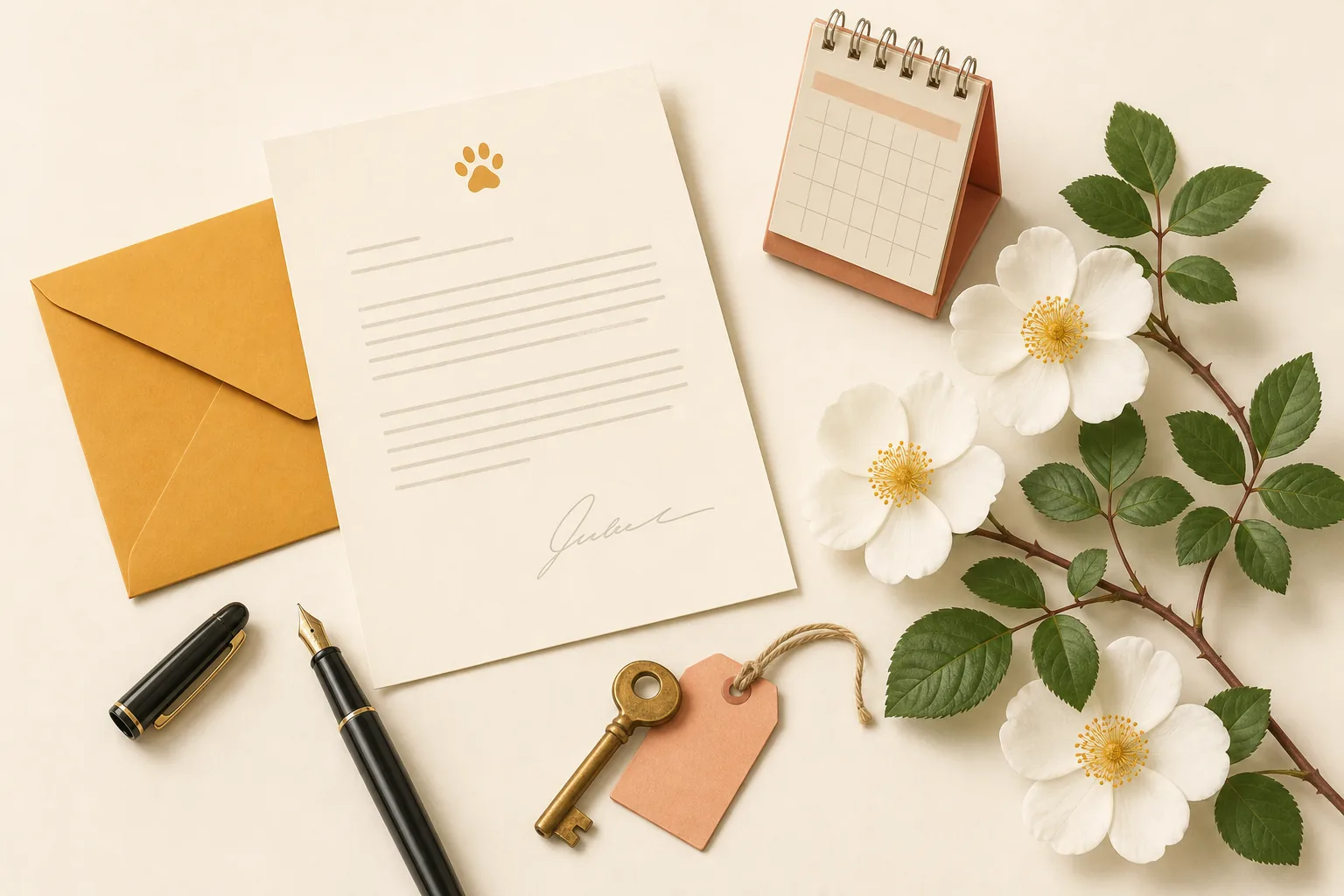 Illustration of a signed letter on letterhead with an envelope, a pen, a key and a calendar