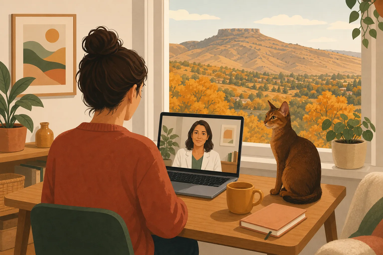 Illustration of a renter on a video consultation with a clinician, a cat asleep on the desk