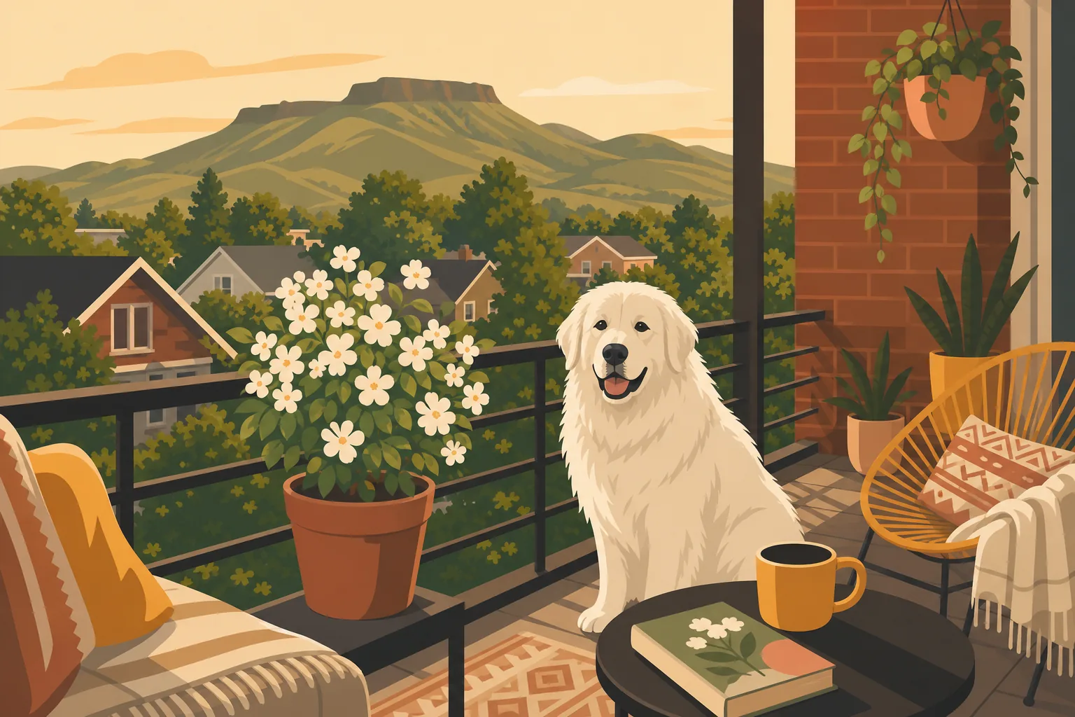 Illustrated Idaho apartment balcony with a cat on the rail