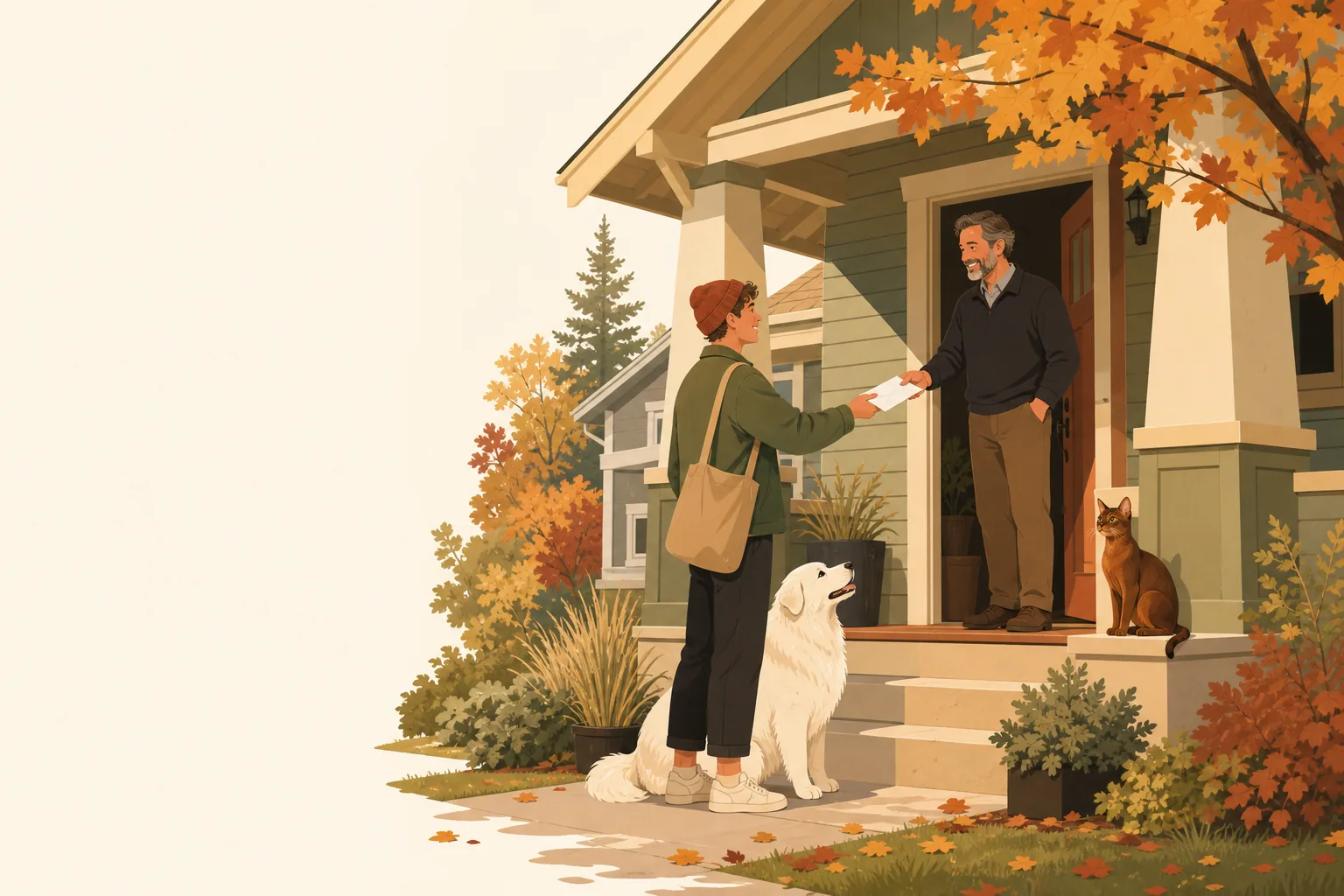 Illustration of a renter handing a letter to a landlord at the door of a Idaho home, a small dog at their feet