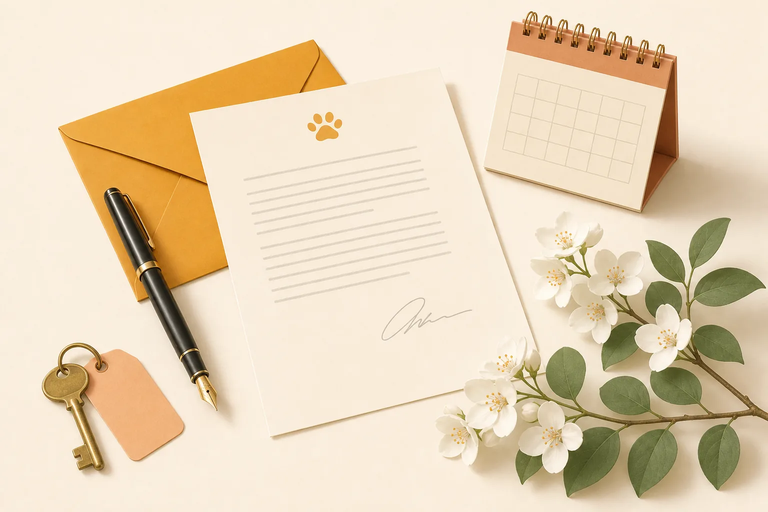 Illustration of a signed letter on letterhead with an envelope, a pen, a key and a calendar