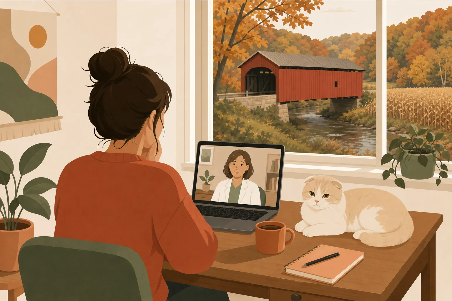 Illustration of a renter on a video consultation with a clinician, a cat asleep on the desk
