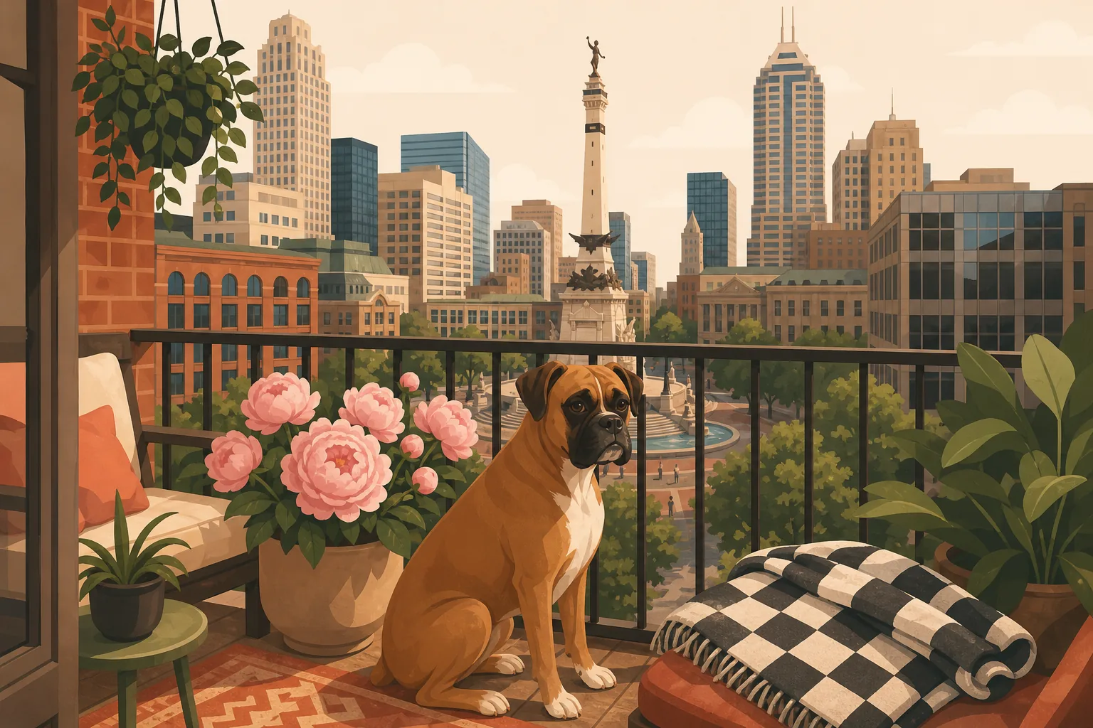 Illustrated Indiana apartment balcony with a cat on the rail
