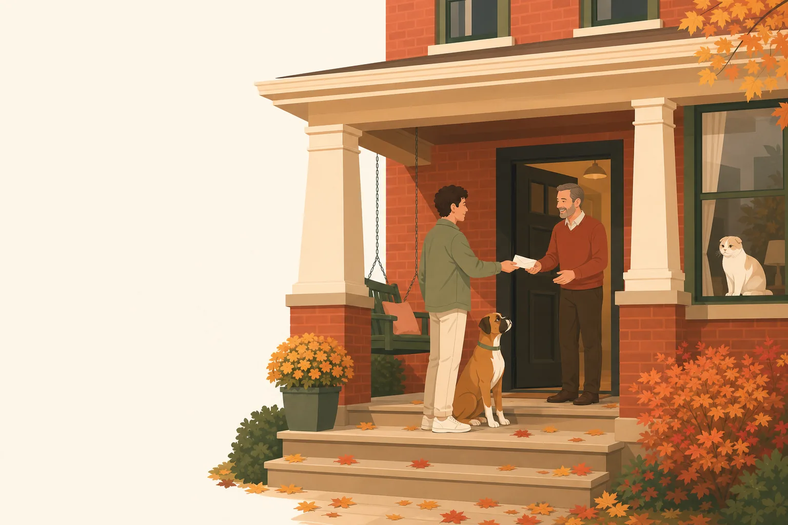 Illustration of a renter handing a letter to a landlord at the door of a Indiana home, a small dog at their feet