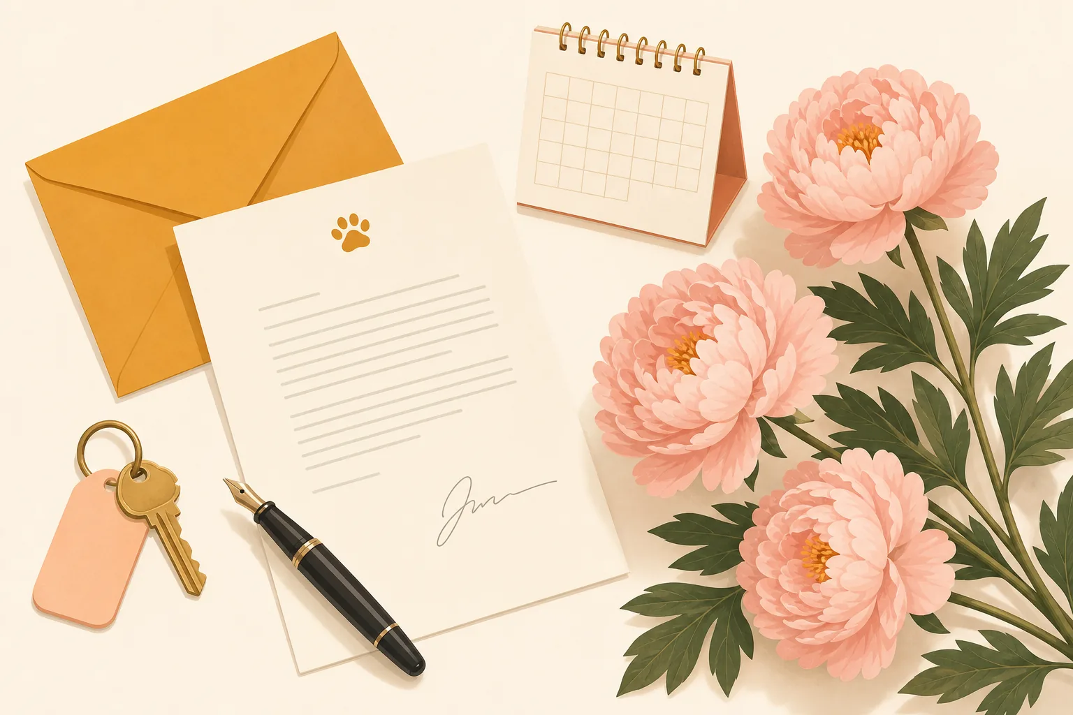Illustration of a signed letter on letterhead with an envelope, a pen, a key and a calendar