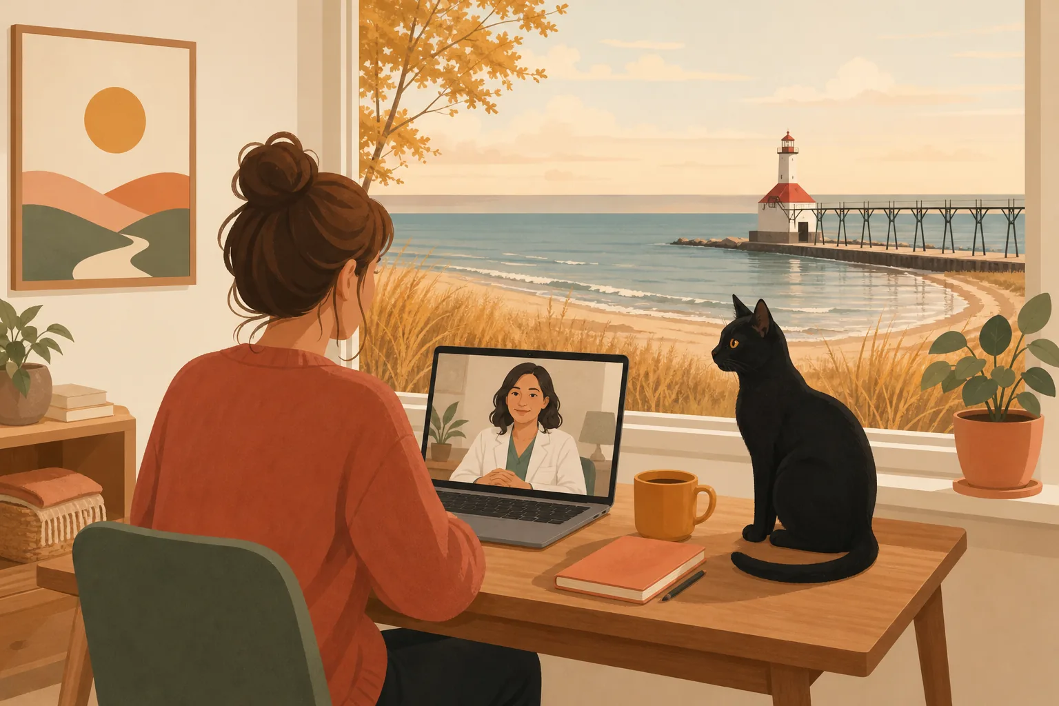 Illustration of a renter on a video consultation with a clinician, a cat asleep on the desk