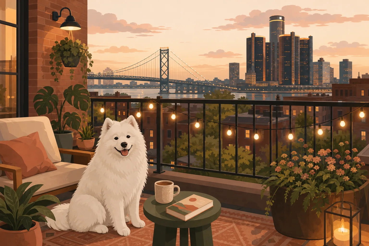 Illustrated Michigan apartment balcony with a cat on the rail