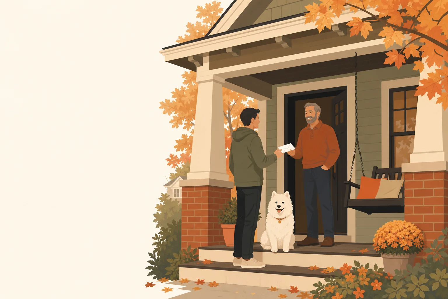 Illustration of a renter handing a letter to a landlord at the door of a Michigan home, a small dog at their feet