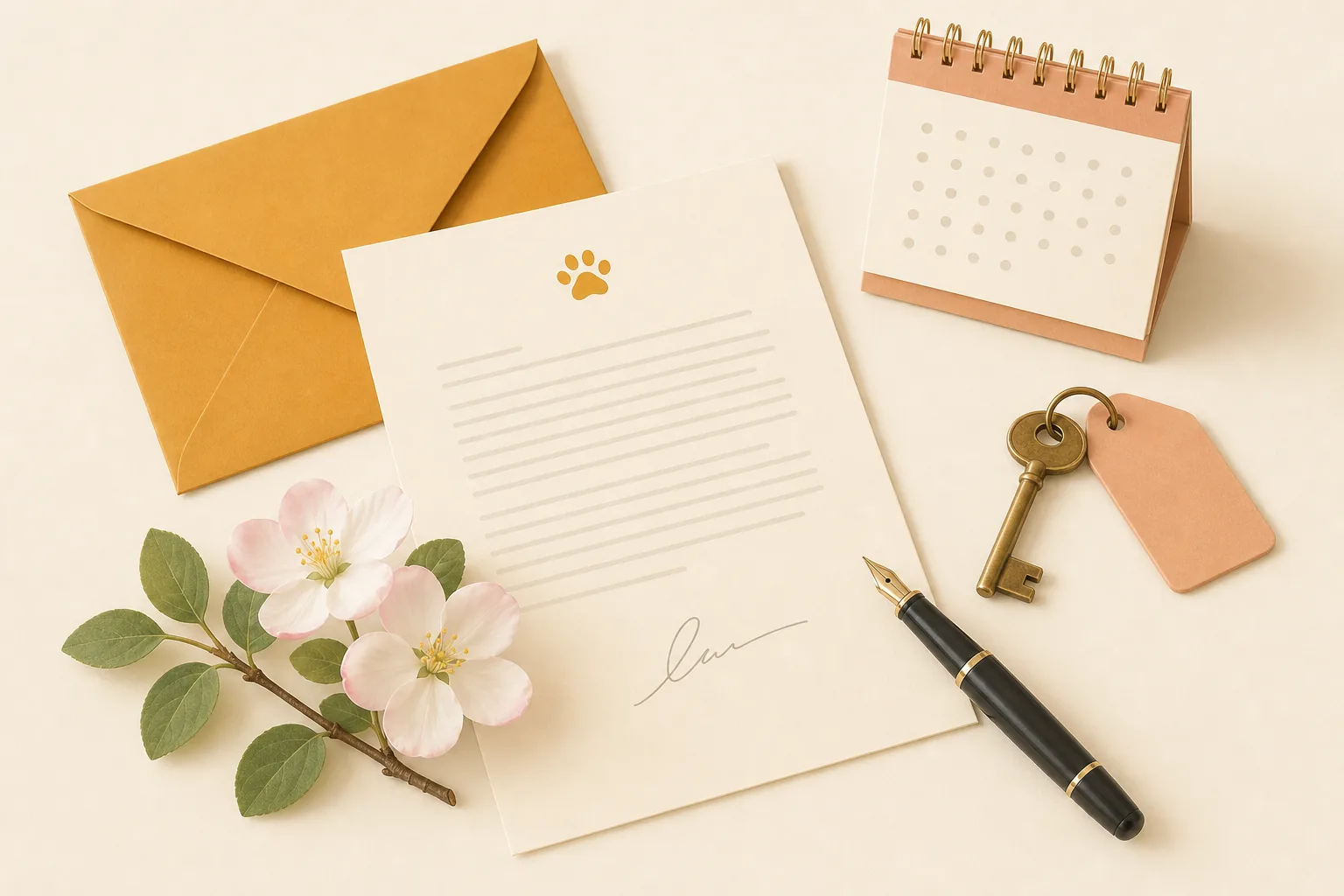 Illustration of a signed letter on letterhead with an envelope, a pen, a key and a calendar