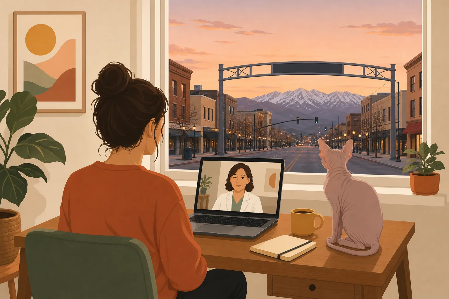 Illustration of a renter on a video consultation with a clinician, a cat asleep on the desk