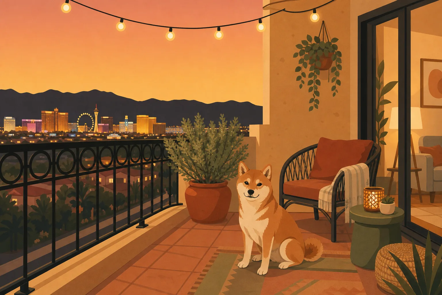 Illustrated Nevada apartment balcony with a cat on the rail