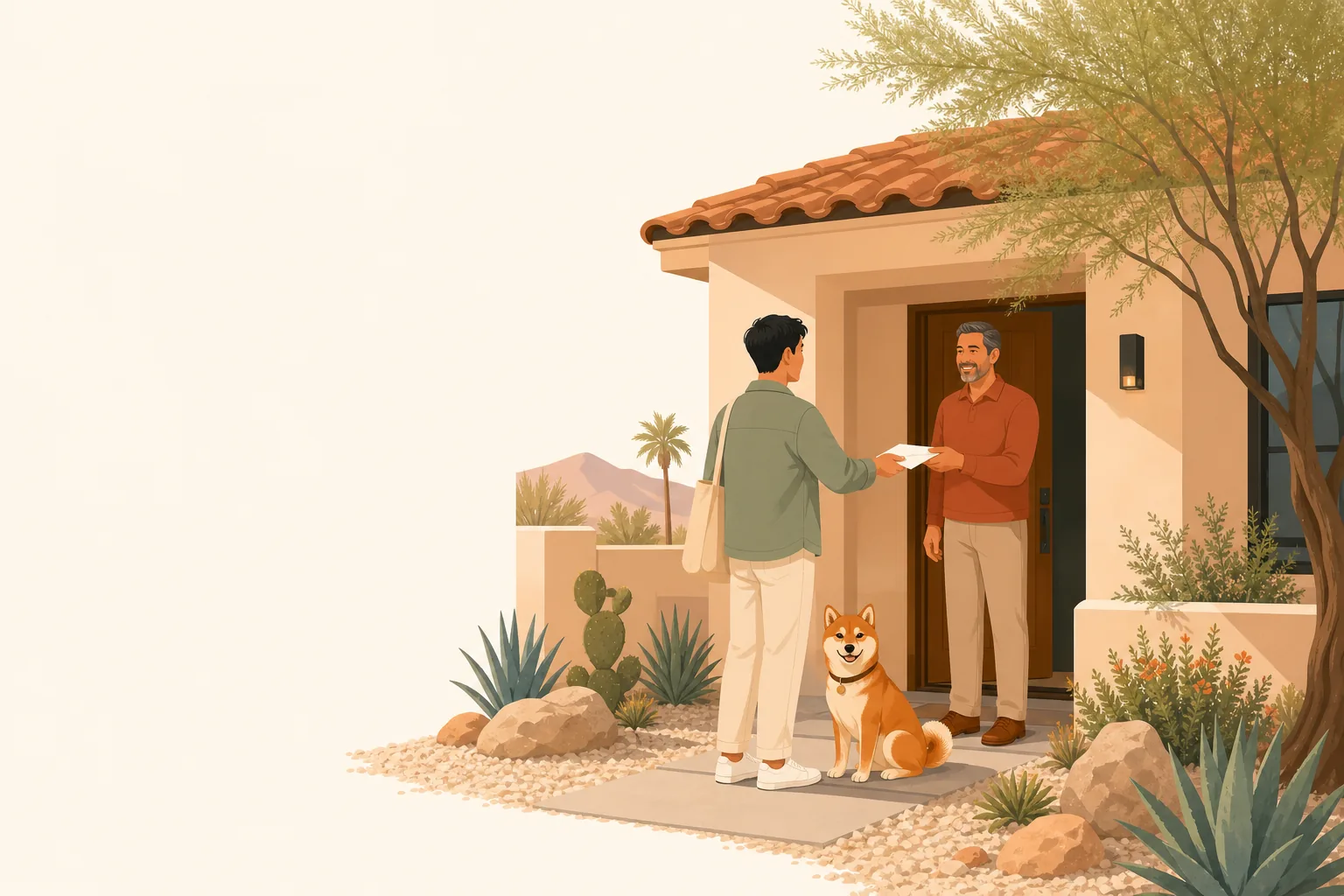 Illustration of a renter handing a letter to a landlord at the door of a Nevada home, a small dog at their feet
