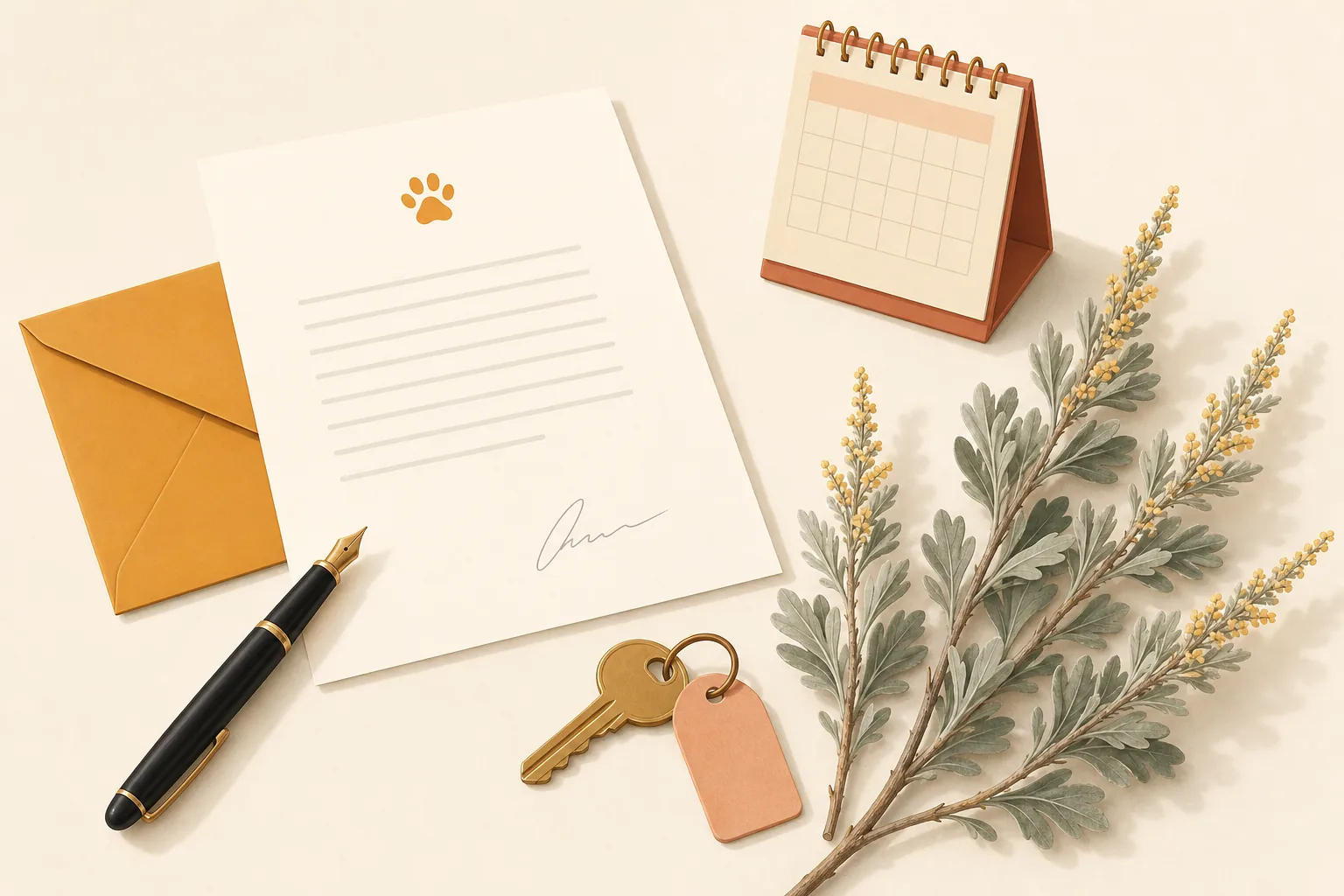 Illustration of a signed letter on letterhead with an envelope, a pen, a key and a calendar