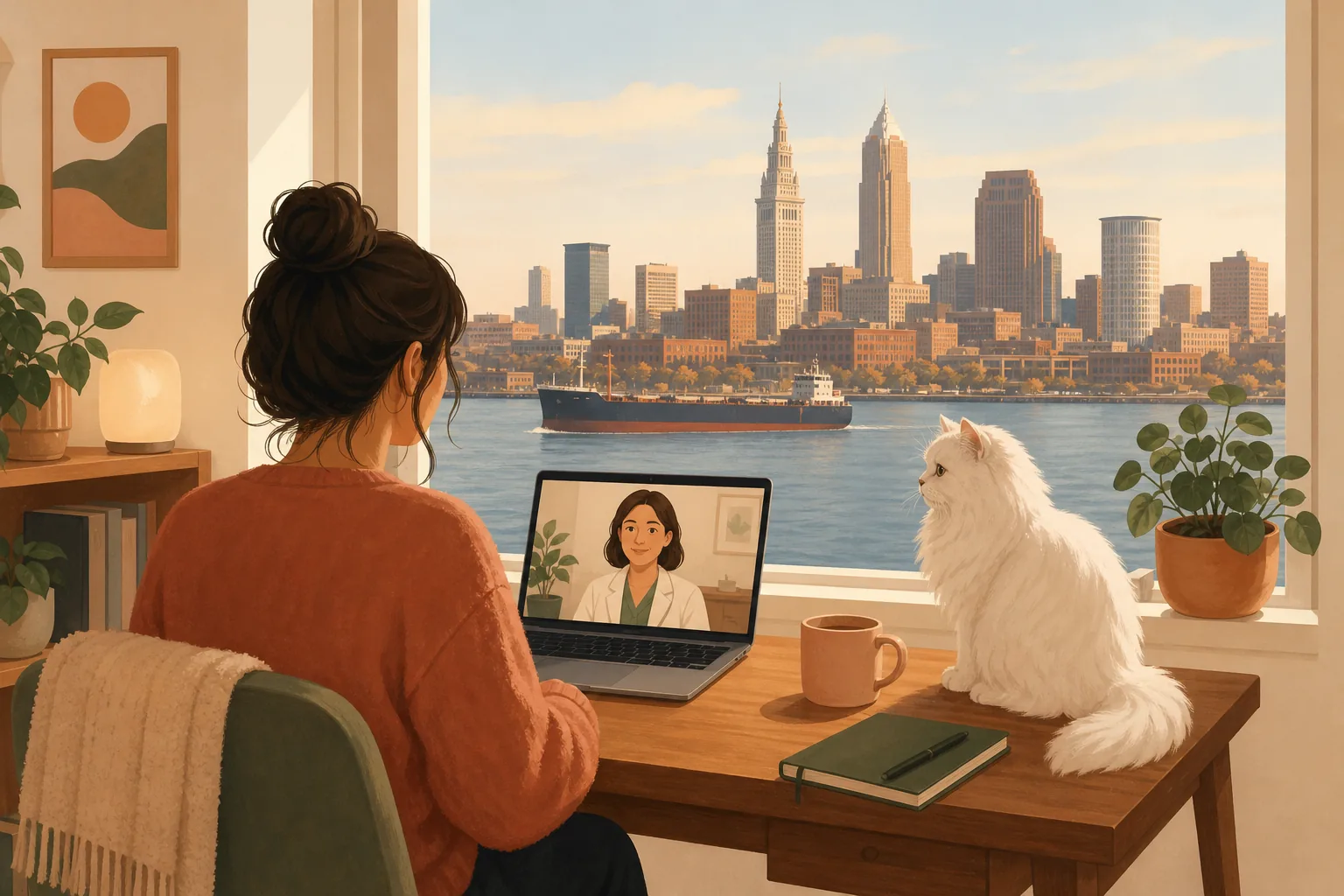 Illustration of a renter on a video consultation with a clinician, a cat asleep on the desk