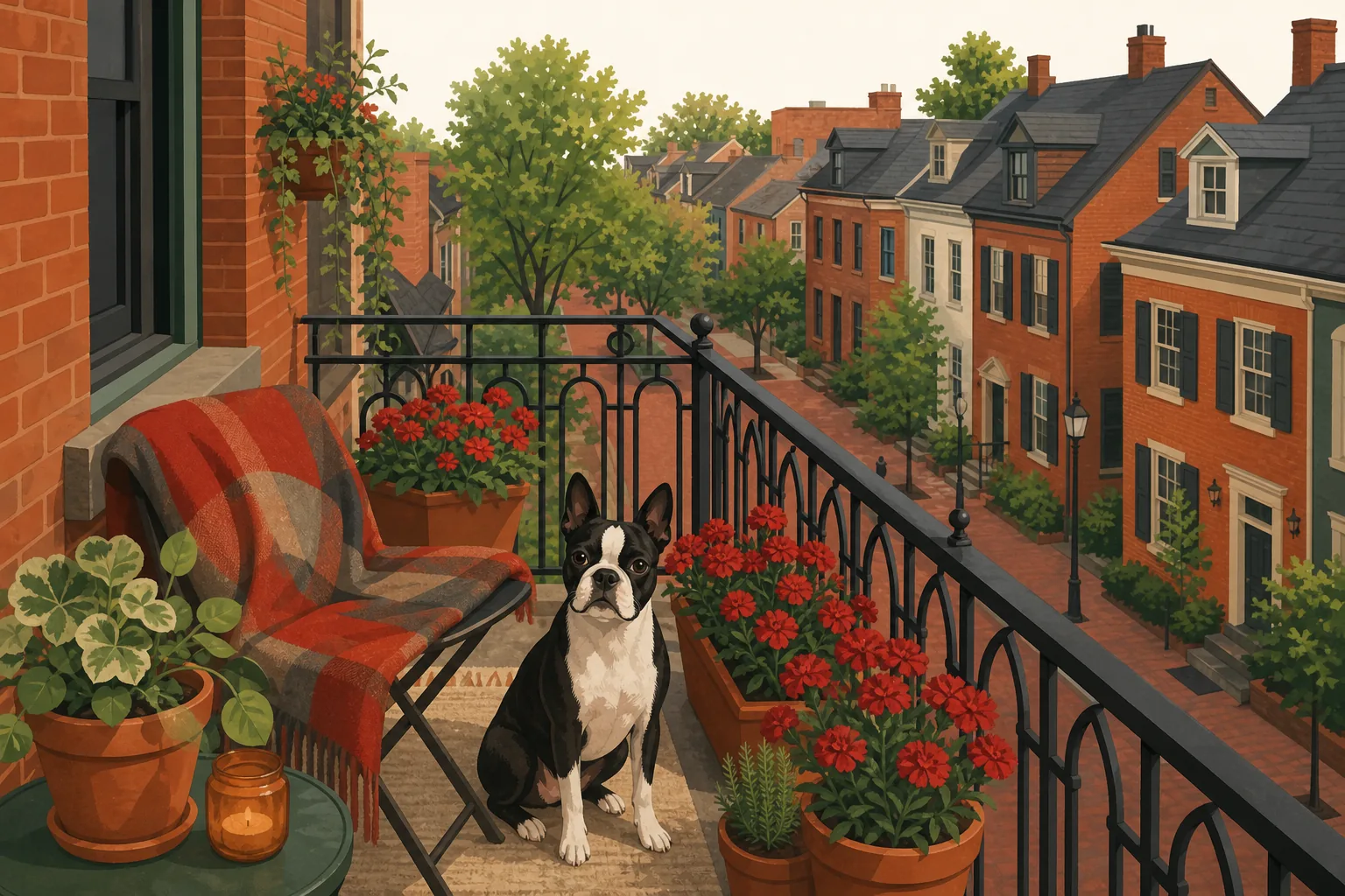 Illustrated Ohio apartment balcony with a cat on the rail
