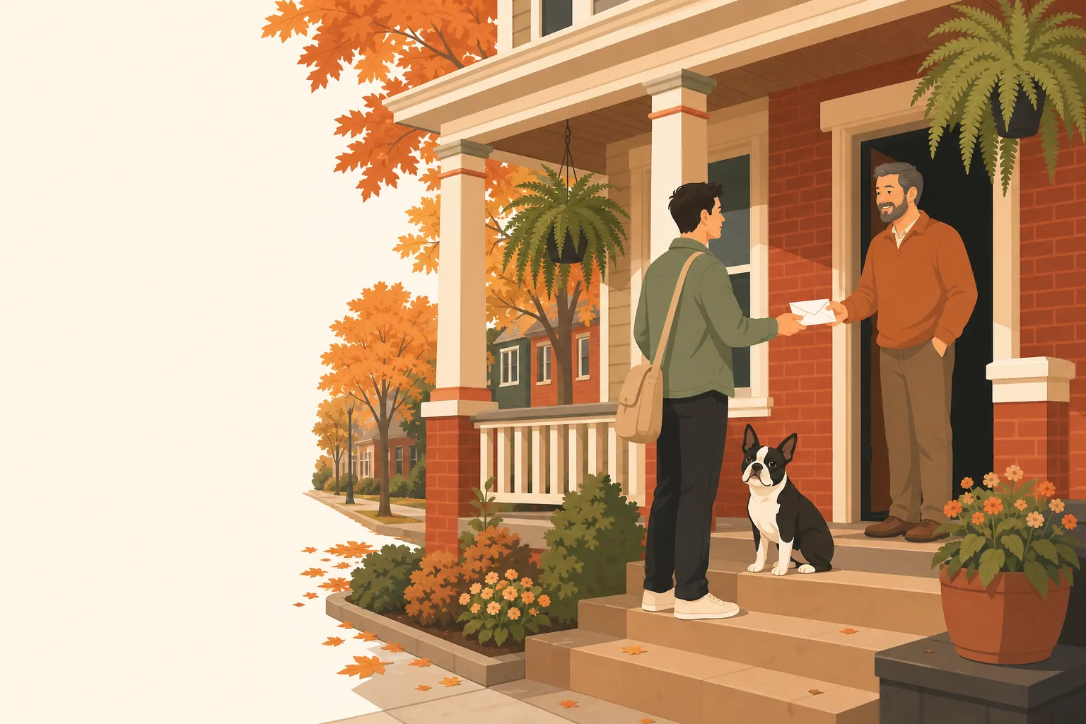 Illustration of a renter handing a letter to a landlord at the door of a Ohio home, a small dog at their feet