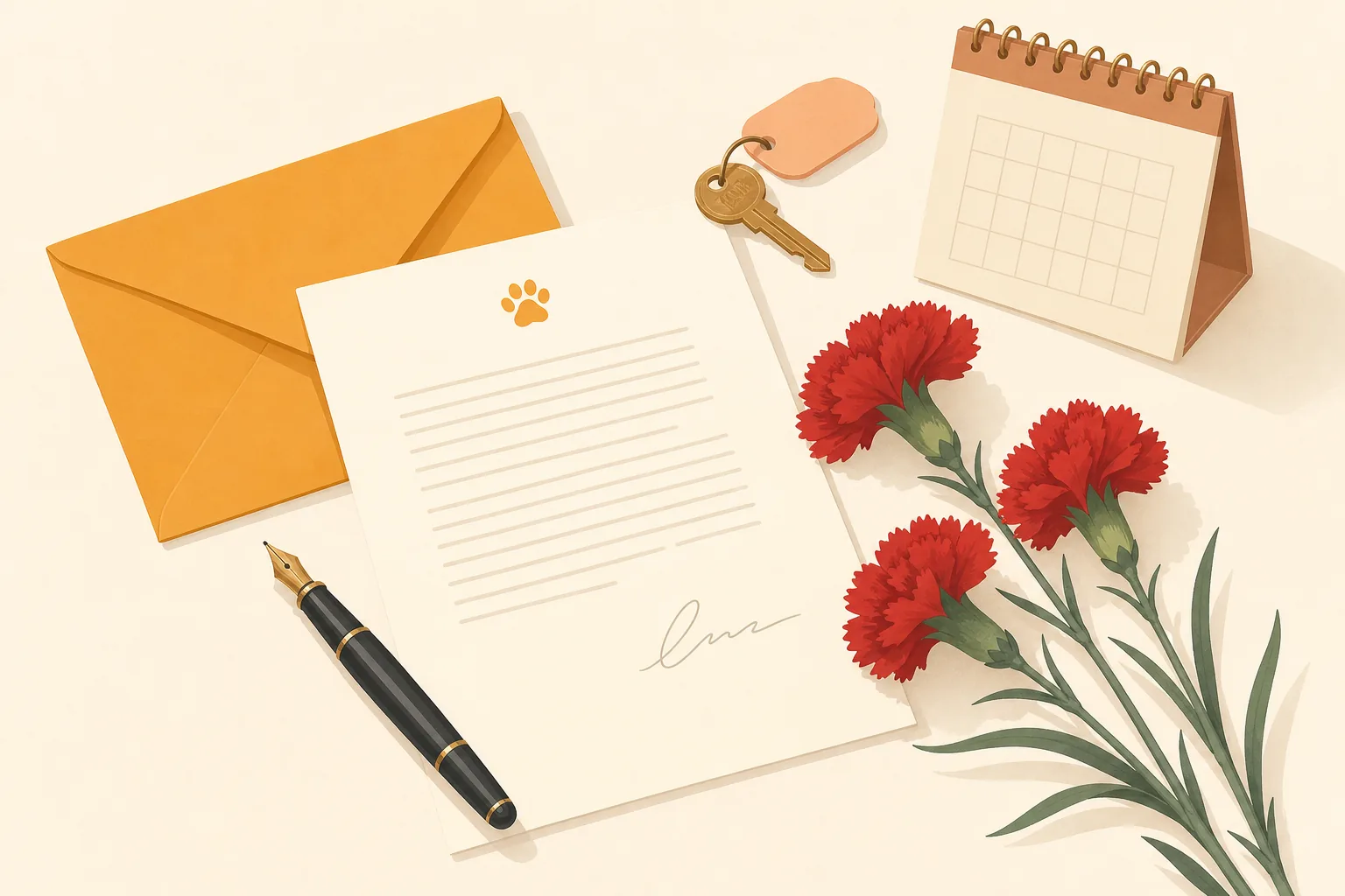 Illustration of a signed letter on letterhead with an envelope, a pen, a key and a calendar