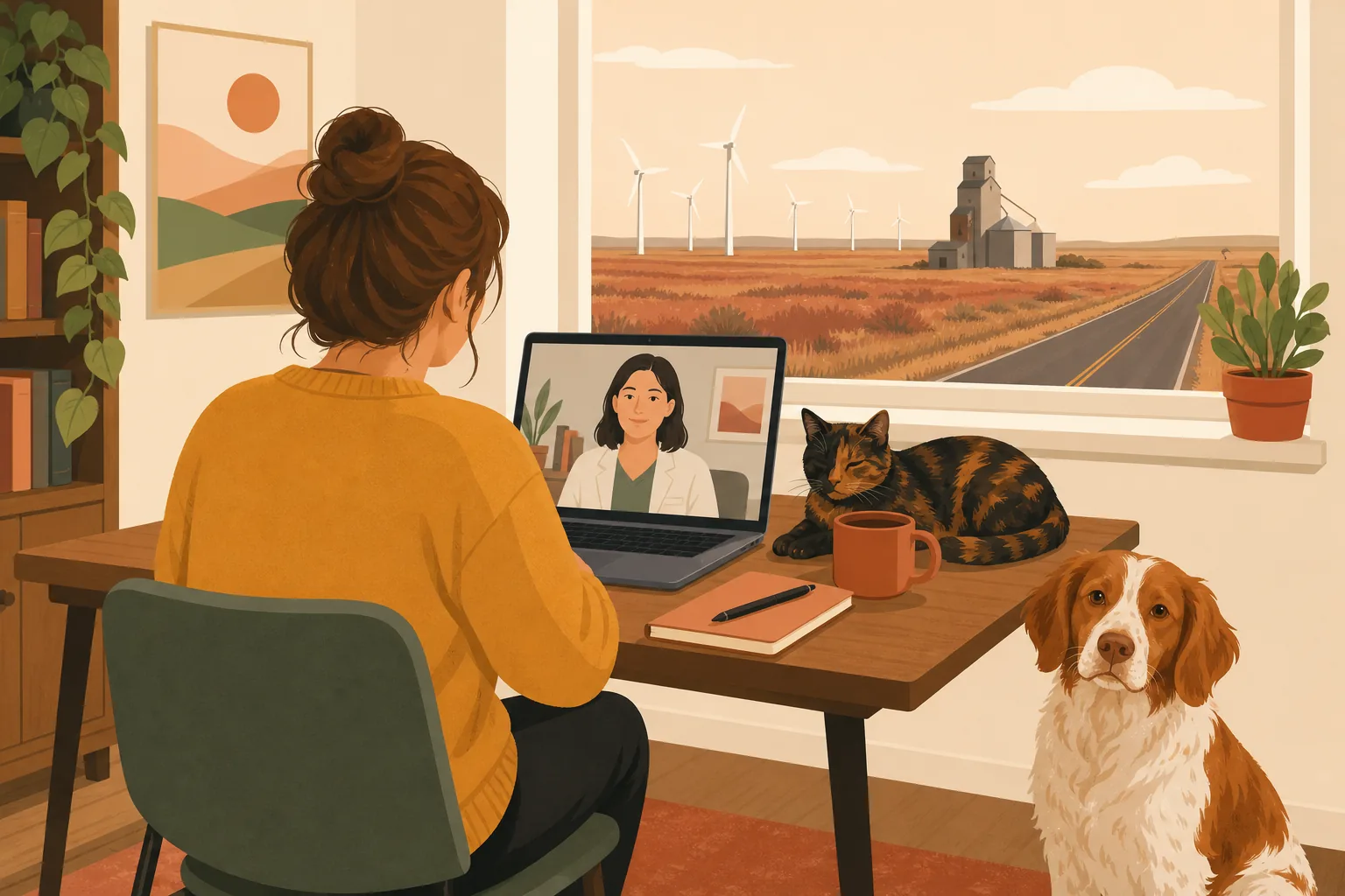 Illustration of a renter on a video consultation with a clinician, a cat asleep on the desk