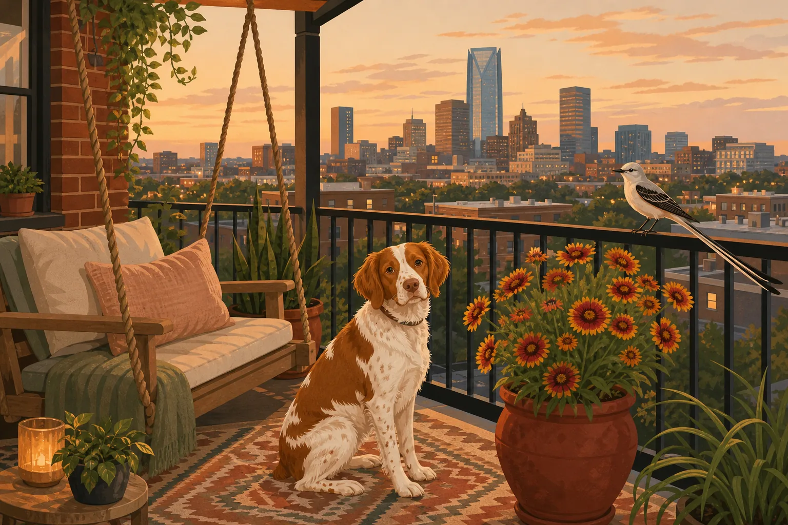 Illustrated Oklahoma apartment balcony with a cat on the rail