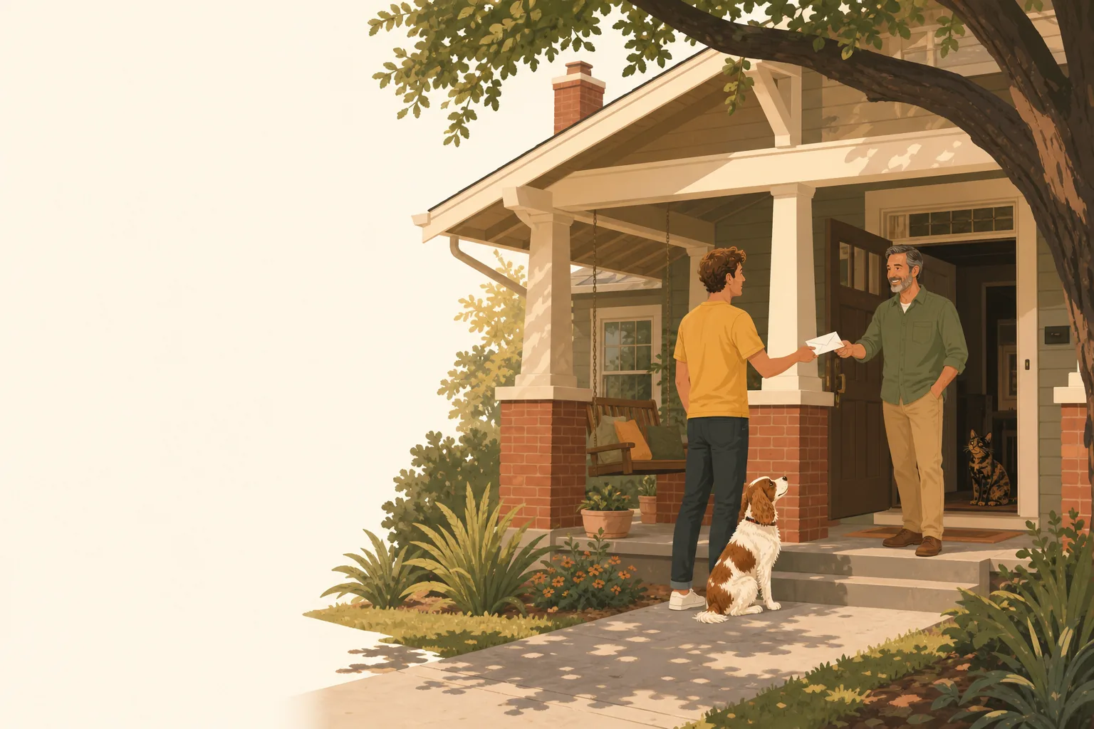 Illustration of a renter handing a letter to a landlord at the door of a Oklahoma home, a small dog at their feet