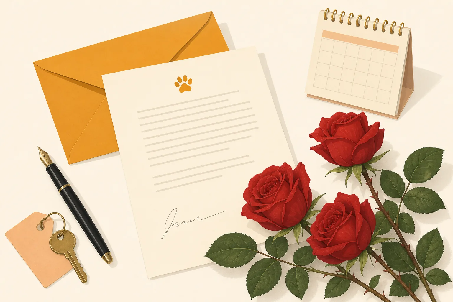 Illustration of a signed letter on letterhead with an envelope, a pen, a key and a calendar