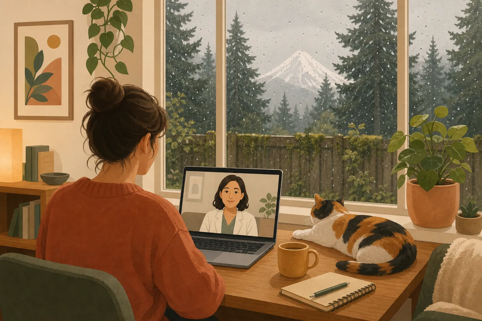 Illustration of a renter on a video consultation with a clinician, a cat asleep on the desk