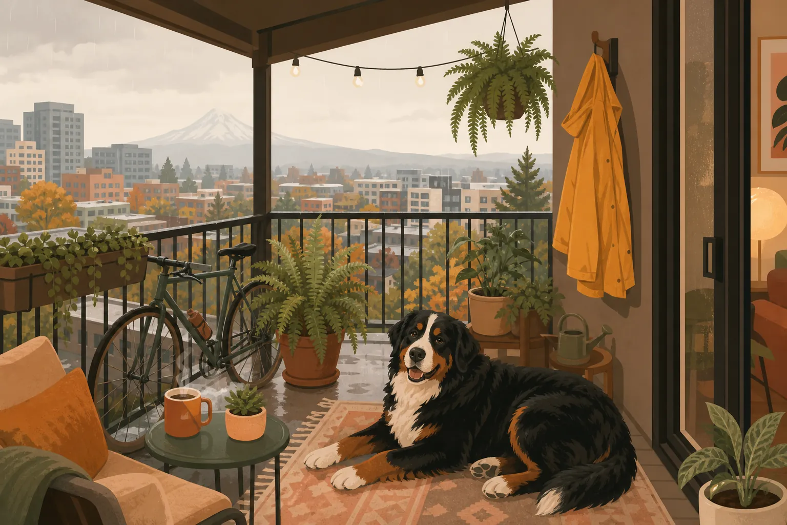 Illustrated Oregon apartment balcony with a cat on the rail