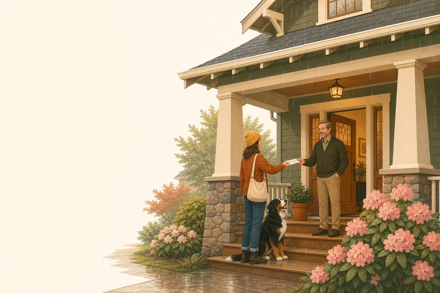 Illustration of a renter handing a letter to a landlord at the door of a Oregon home, a small dog at their feet