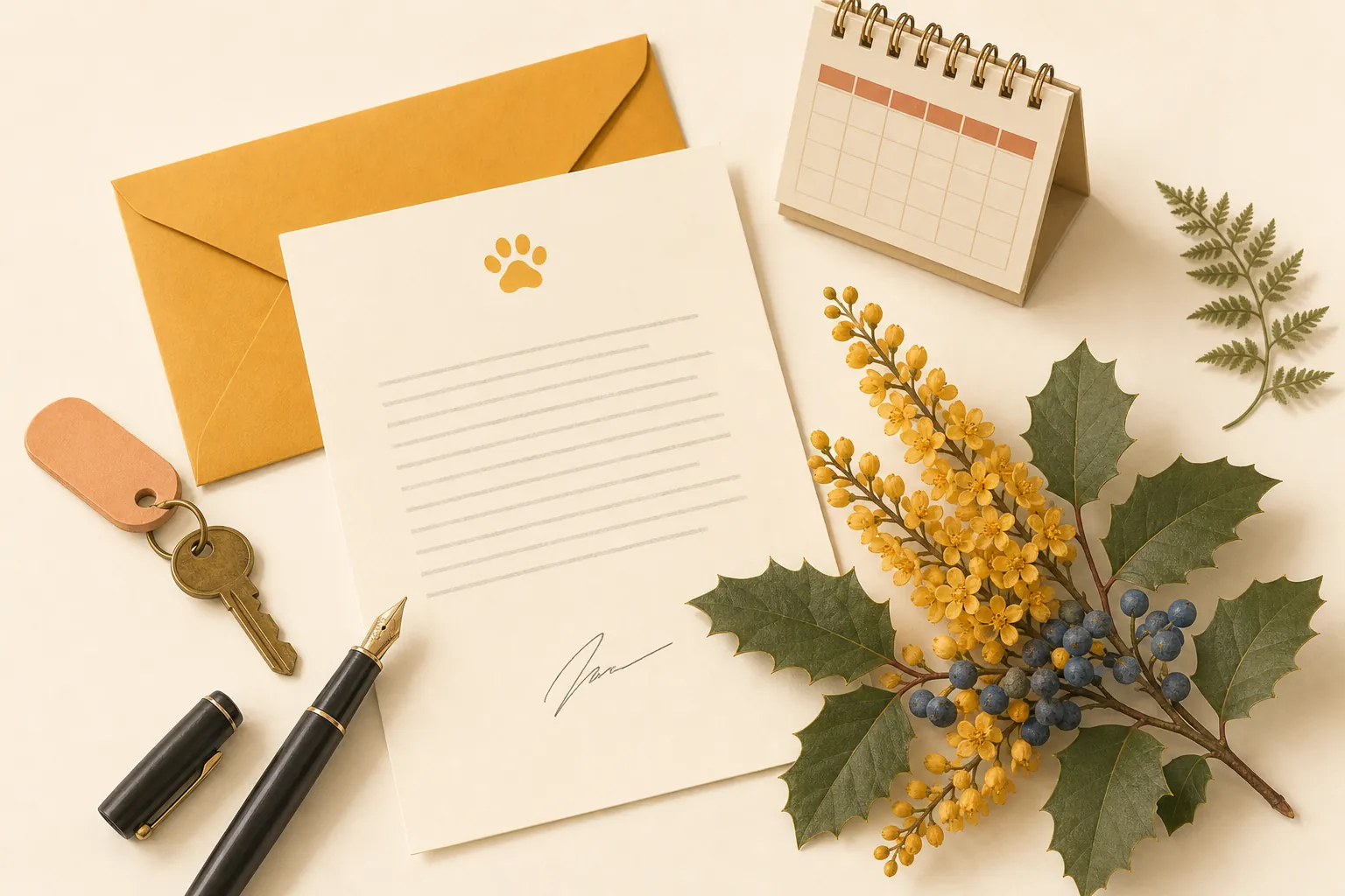 Illustration of a signed letter on letterhead with an envelope, a pen, a key and a calendar