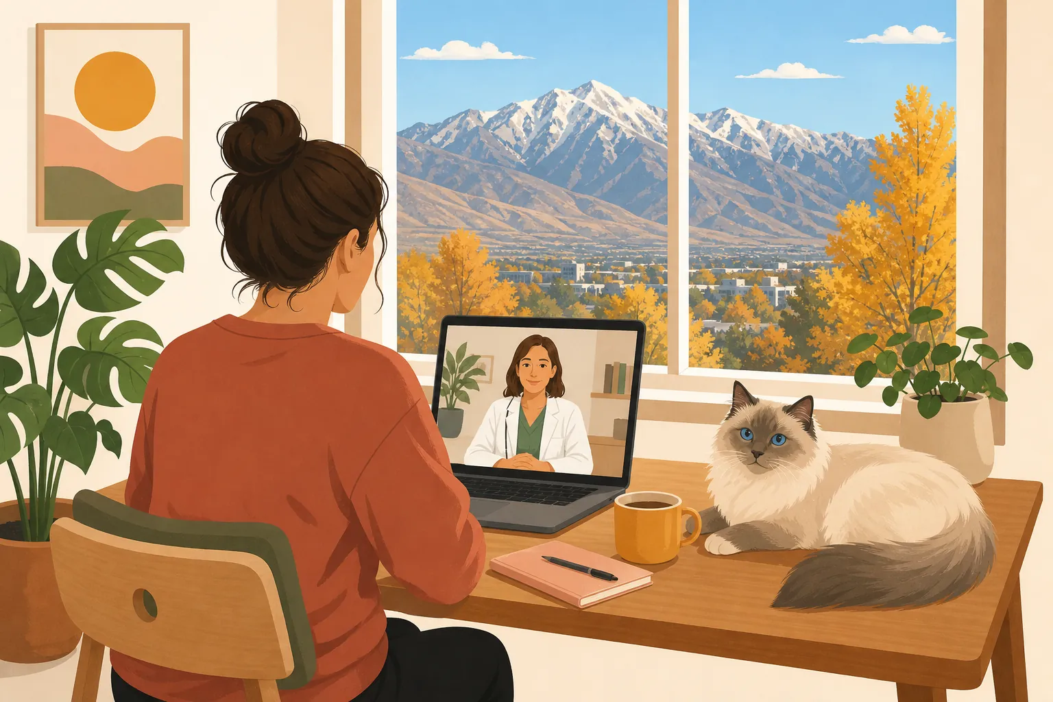 Illustration of a renter on a video consultation with a clinician, a cat asleep on the desk