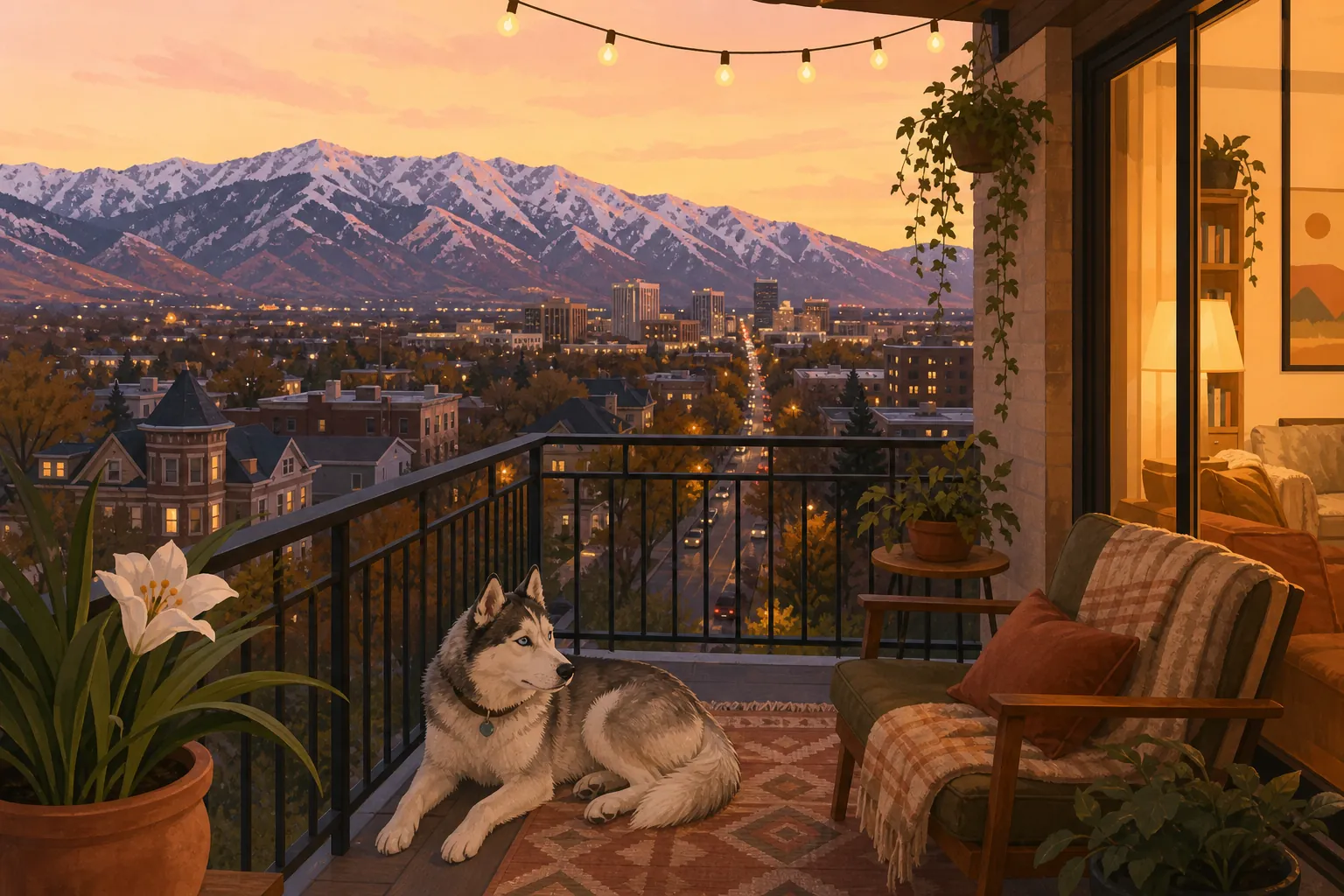 Illustrated Utah apartment balcony with a cat on the rail