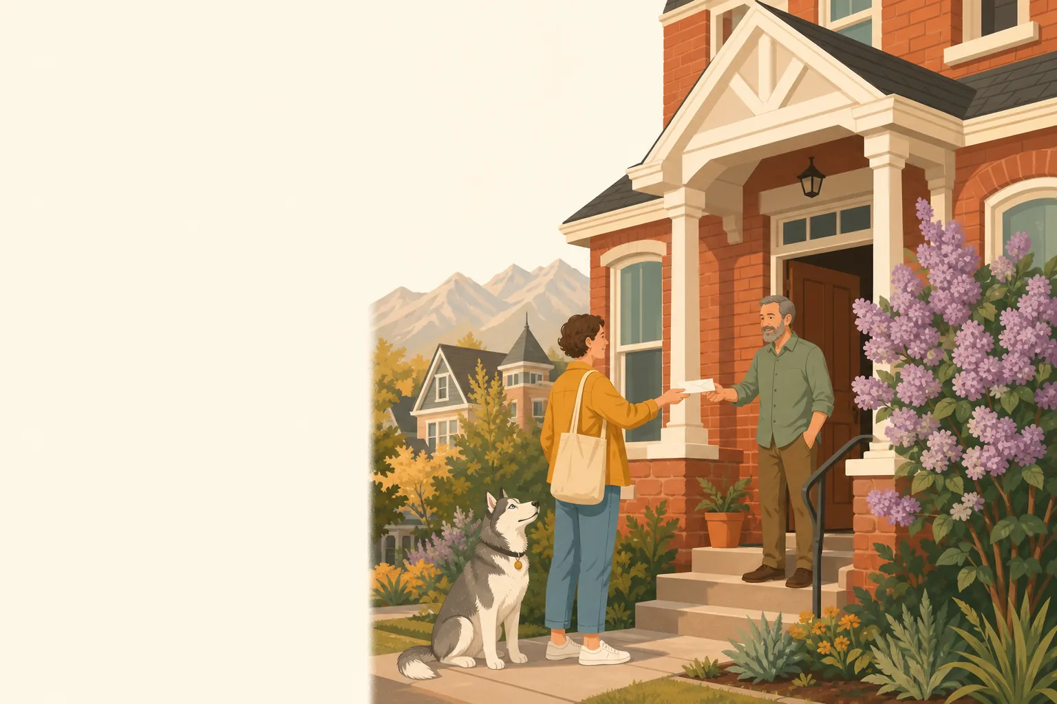 Illustration of a renter handing a letter to a landlord at the door of a Utah home, a small dog at their feet