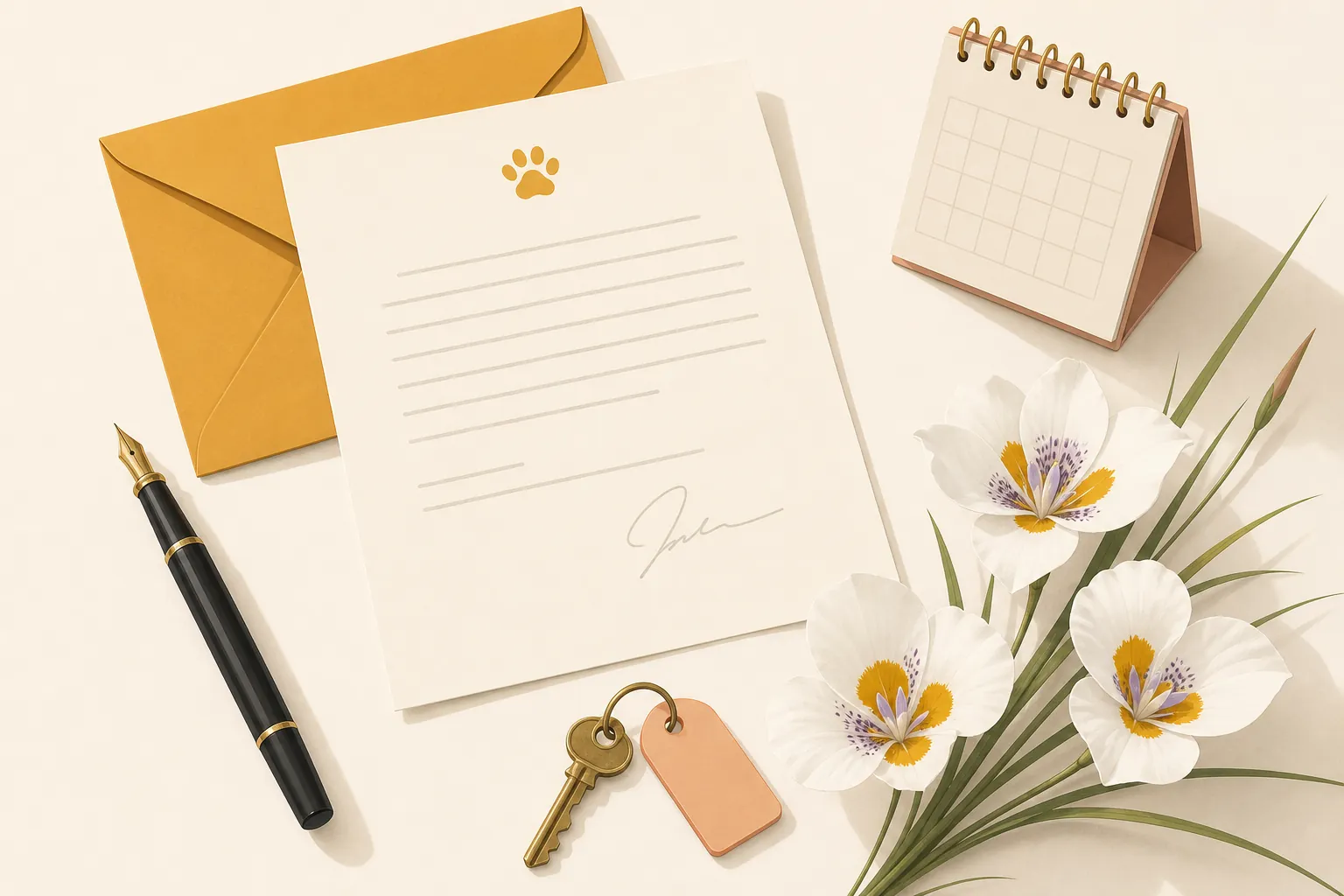Illustration of a signed letter on letterhead with an envelope, a pen, a key and a calendar