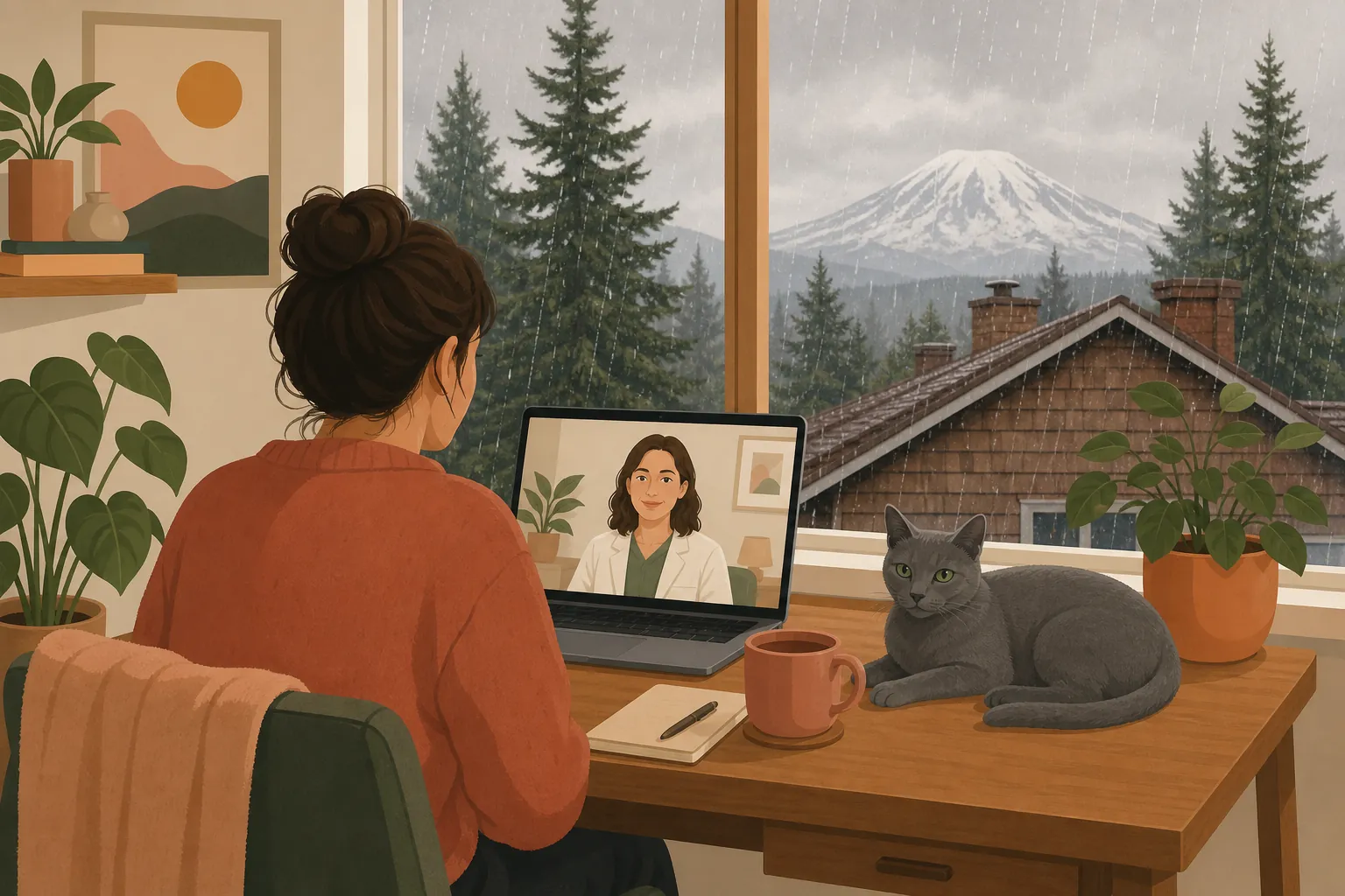 Illustration of a renter on a video consultation with a clinician, a cat asleep on the desk