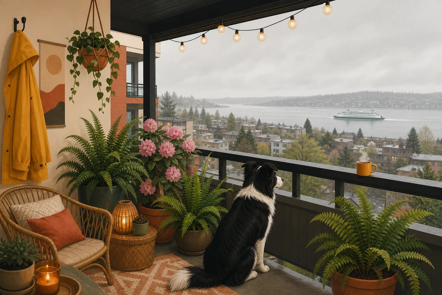 Illustrated Washington apartment balcony with a cat on the rail