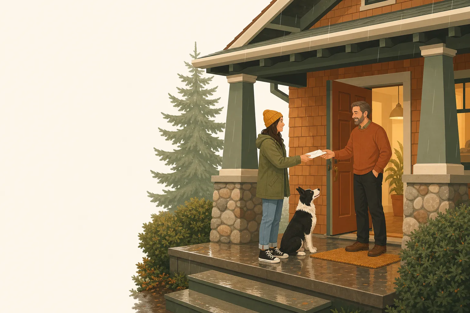Illustration of a renter handing a letter to a landlord at the door of a Washington home, a small dog at their feet