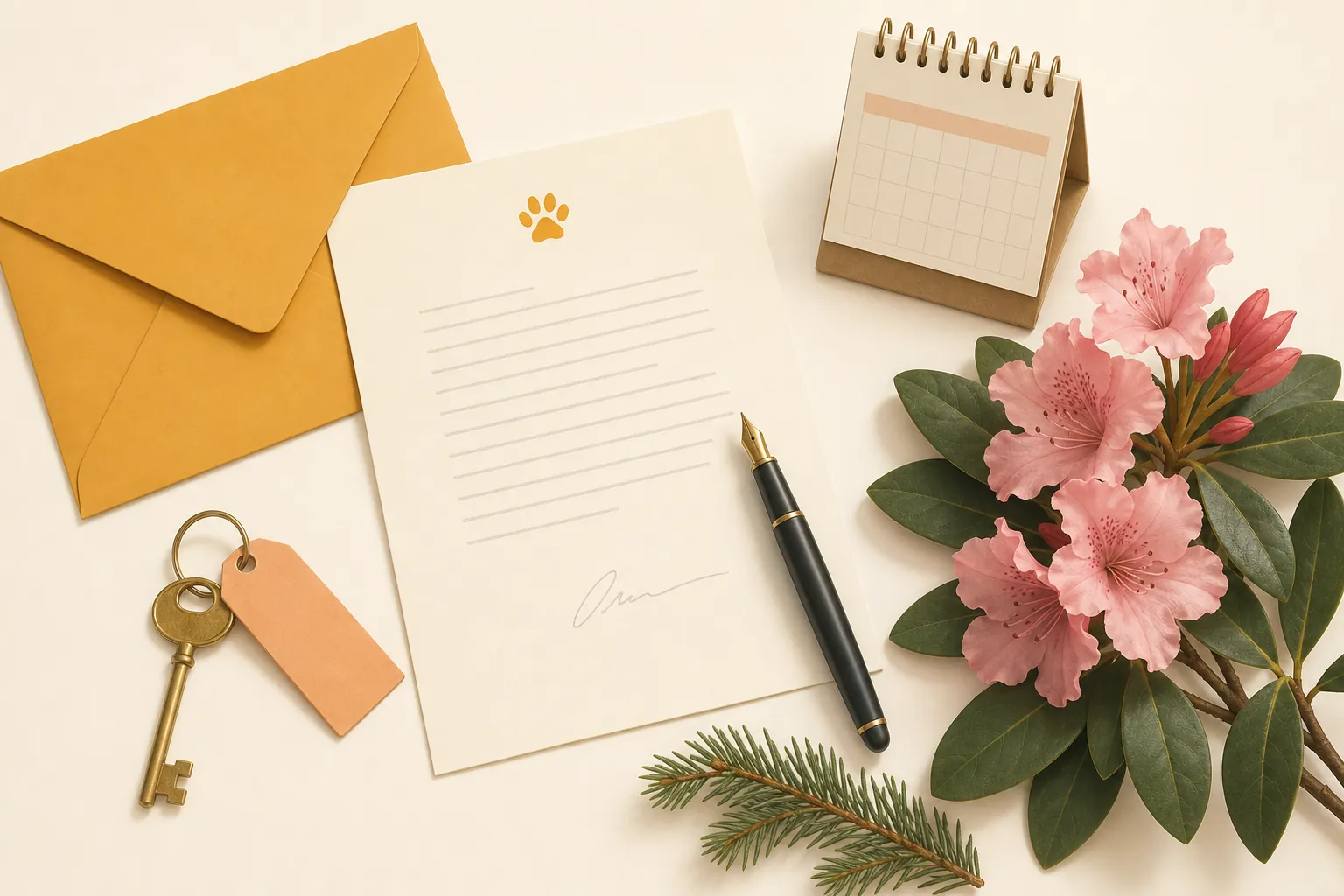 Illustration of a signed letter on letterhead with an envelope, a pen, a key and a calendar