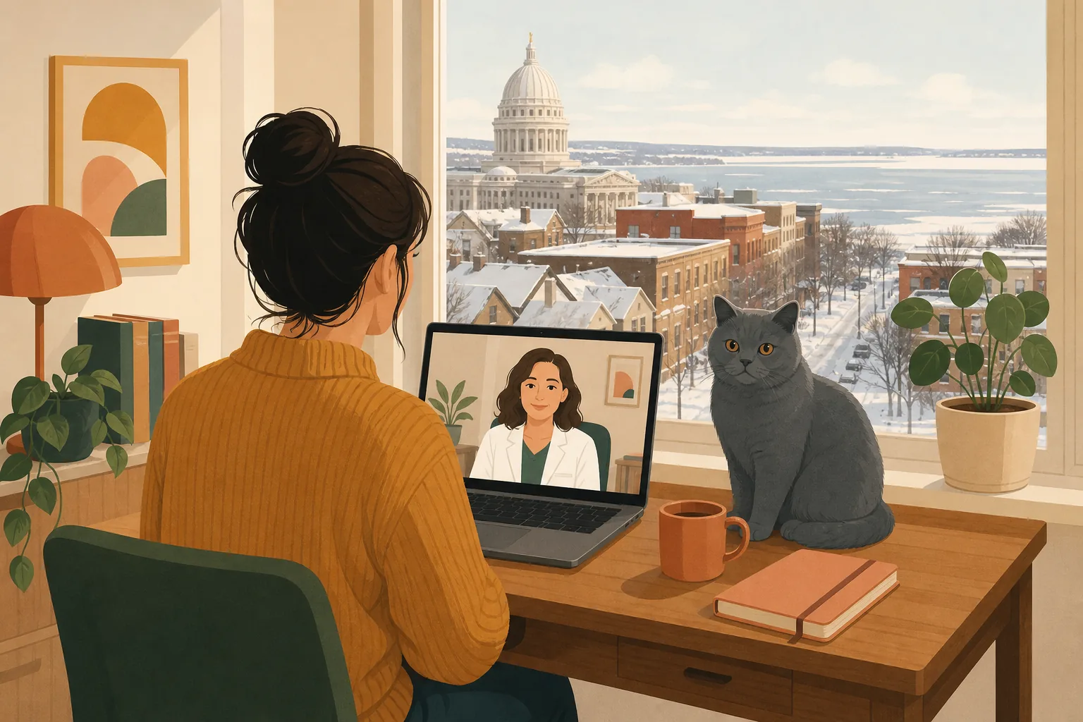 Illustration of a renter on a video consultation with a clinician, a cat asleep on the desk