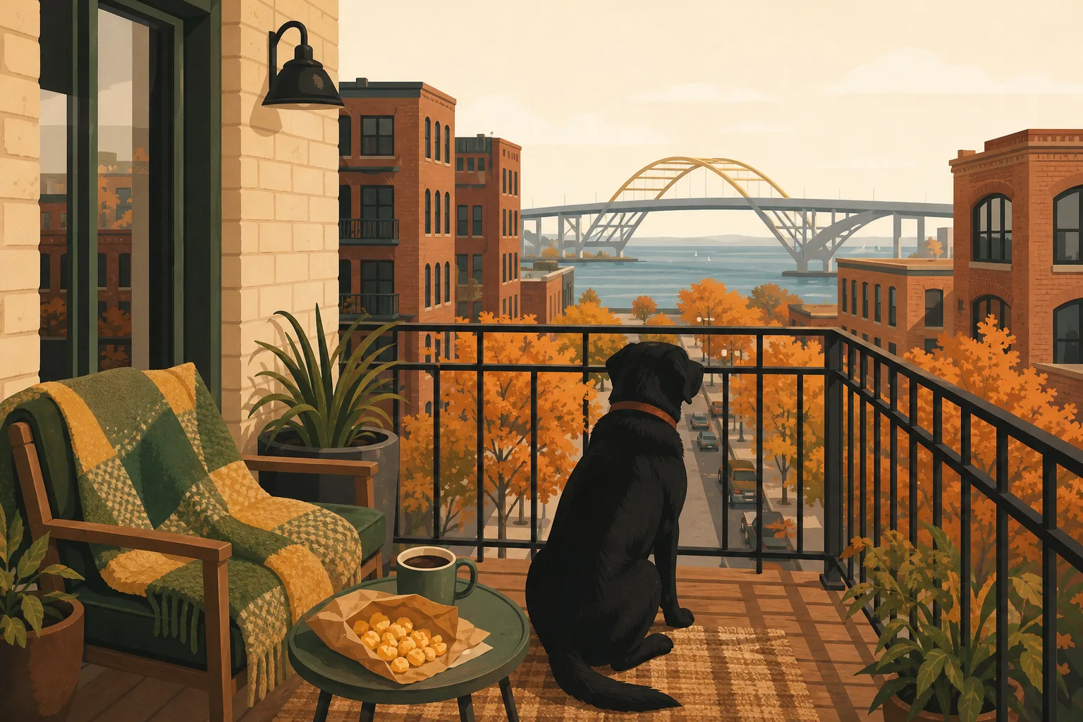 Illustrated Wisconsin apartment balcony with a cat on the rail